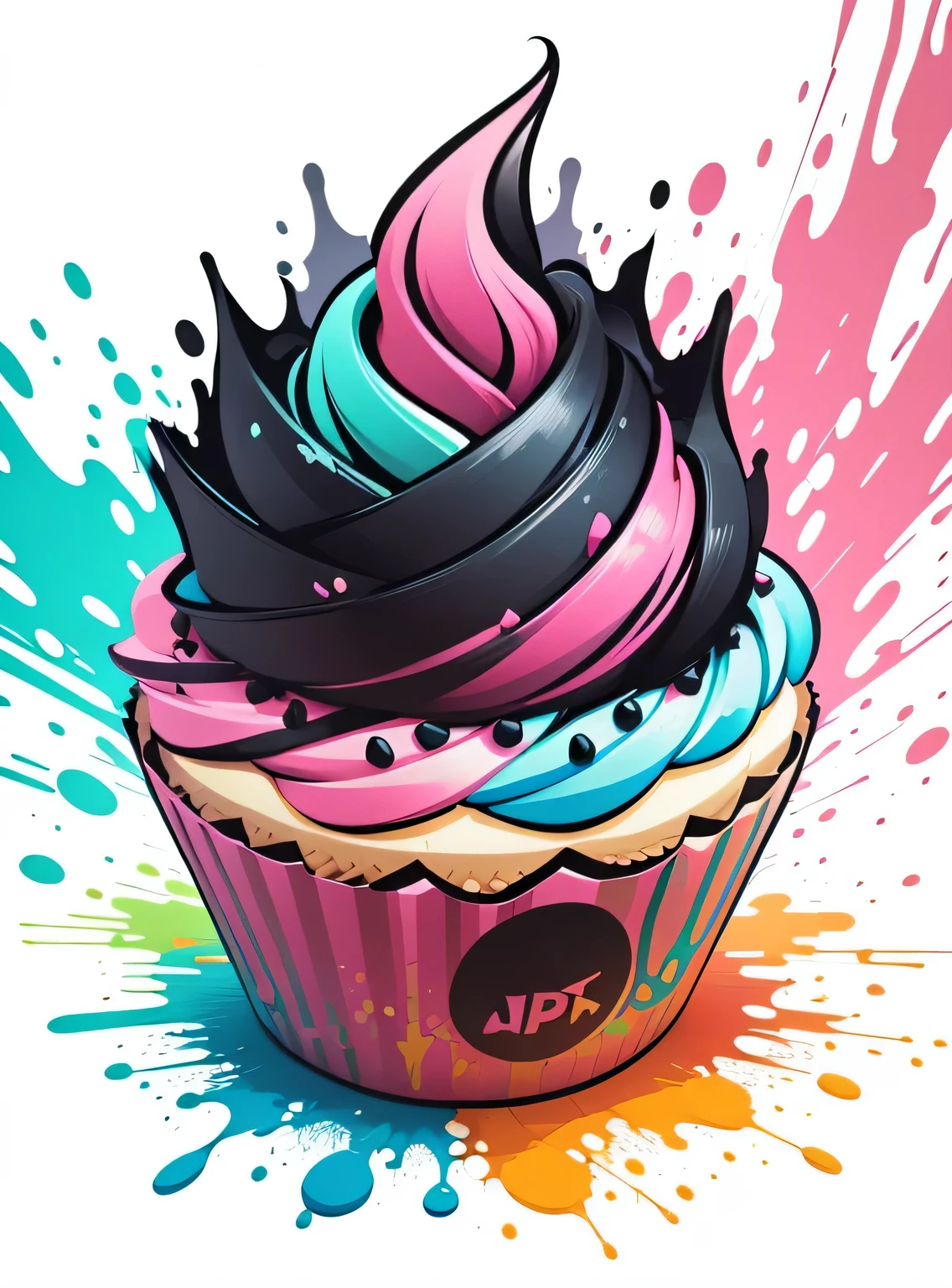 arte vetorial, Colorful illustration with graffiti cupcake, No centro, cores brilhantes, respingos de tinta e manchas, alto detalhe, fundo branco