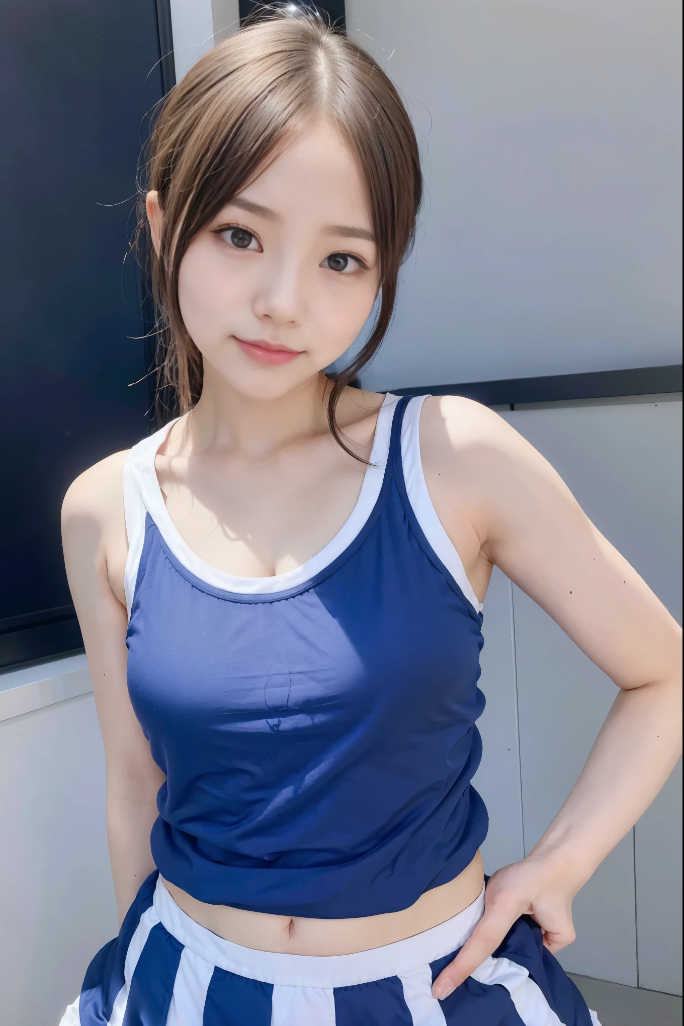 (8x_NMKD-Superscale_150000_G),(8K, Super high quality,highest quality),(masterpiece:1.5),Arafed image of a young girl in a blue dress, wear a Tank top and skirt, blue Tank top, Tank top, navy leotard costume, tight fitted Tank top, tennis wear, cute girl wear tank suit, dark blue leotard costume, wear Tank top, Tank top, fubuki, wear : Tank top