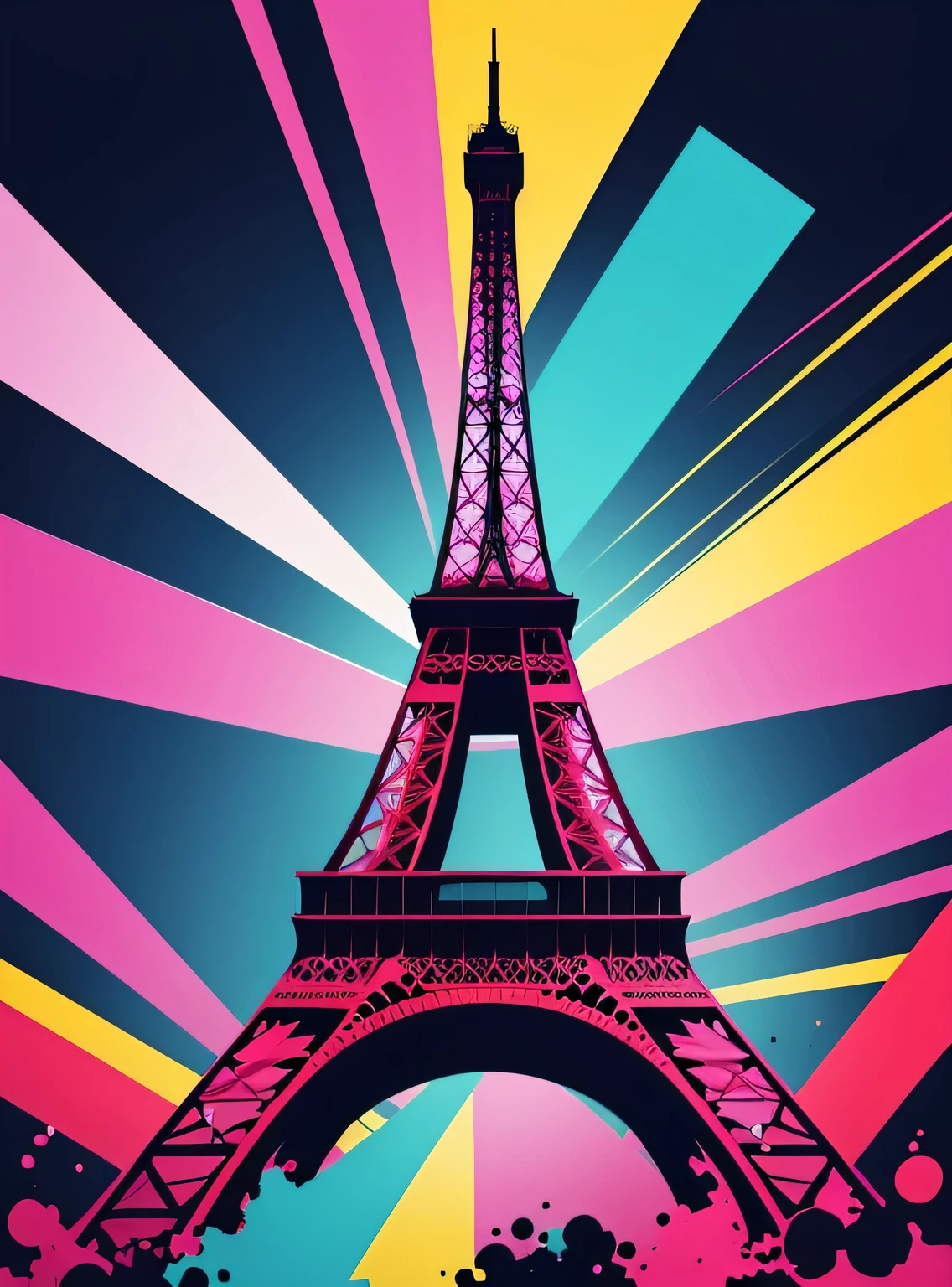 arte vetorial, Colorful illustration with graffiti Eiffel Tower, No centro, cores brilhantes, respingos de tinta e manchas, alto detalhe, fundo branco