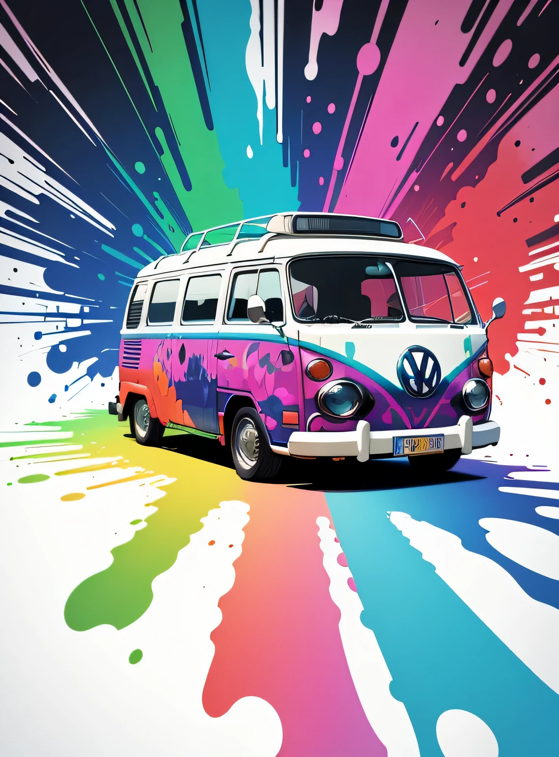 arte vetorial, Colorful illustration with graffiti Volkswagen minibus, No centro, cores brilhantes, respingos de tinta e manchas, alto detalhe, fundo branco