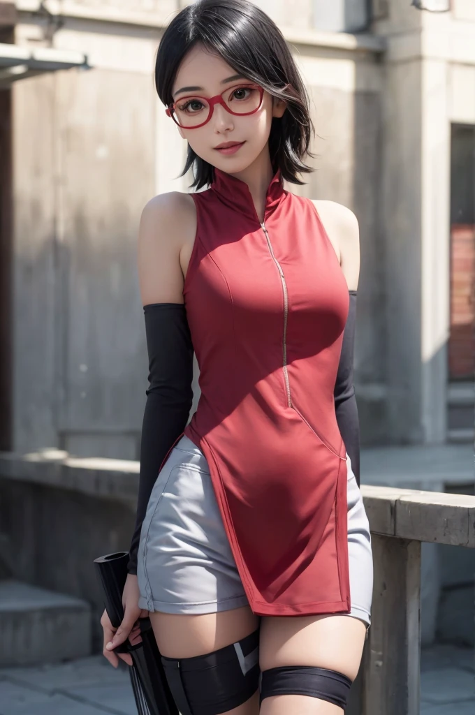 4K delicate facial features, 18 year old girl, Uchiha Sarada, anime character transformed into a realistic character, with detailed, beautiful and cute face, red filtered eyes, black hair, short hairstyle, bangs sweeping to the left, wearing a ninja head tie from konoha , expression
thin sweet smile, thin cheeks, sharp chin, red glasses, tentom shirt design, livis shorts, perfect model, large/medium breasts, free style, high resolution, detailed illustrations, very realistic background, white glowing skin, very detailed face perfect , photos short HDR/UHD ,the detail of the red glasses is perfect very detail ornament ,, anime character transformed into a realistic character, with detailed, beautiful and cute face, red filtered eyes, black hair, short hairstyle, bangs sweeping to the left, wearing a ninja head tie from konoha , expression
thin sweet smile, thin cheeks, sharp chin, red glasses, tentom shirt design, livis shorts, perfect model, large/medium breasts, free style, high resolution, detailed illustrations, very realistic background, white glowing skin, very detailed face perfect , 1girl, sarada uchiha in anime boruto, short hair, black hair, red eyes, smile, beautiful, sexy dress, sexy clothes, red clothes, wear red glasses, very big breast, realistic clothes, detail clothes, outdoor background, ultra detail, realistic,
hairstyle with sharp front bangs to the left