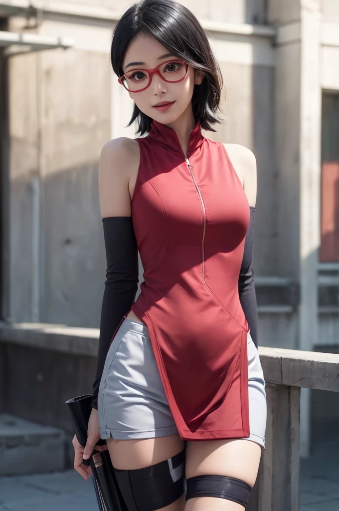 4K delicate facial features, 18 year old girl, Uchiha Sarada, anime character transformed into a realistic character, with detailed, beautiful and cute face, red filtered eyes, black hair, short hairstyle, bangs sweeping to the left, wearing a ninja head tie from konoha , expression
thin sweet smile, thin cheeks, sharp chin, red glasses, tentom shirt design, livis shorts, perfect model, large/medium breasts, free style, high resolution, detailed illustrations, very realistic background, white glowing skin, very detailed face perfect , photos short HDR/UHD ,the detail of the red glasses is perfect very detail ornament ,, anime character transformed into a realistic character, with detailed, beautiful and cute face, red filtered eyes, black hair, short hairstyle, bangs sweeping to the left, wearing a ninja head tie from konoha , expression
thin sweet smile, thin cheeks, sharp chin, red glasses, tentom shirt design, livis shorts, perfect model, large/medium breasts, free style, high resolution, detailed illustrations, very realistic background, white glowing skin, very detailed face perfect , 1girl, sarada uchiha in anime boruto, short hair, black hair, red eyes, smile, beautiful, sexy dress, sexy clothes, red clothes, wear red glasses, very big breast, realistic clothes, detail clothes, outdoor background, ultra detail, realistic,
hairstyle with sharp front bangs to the left
