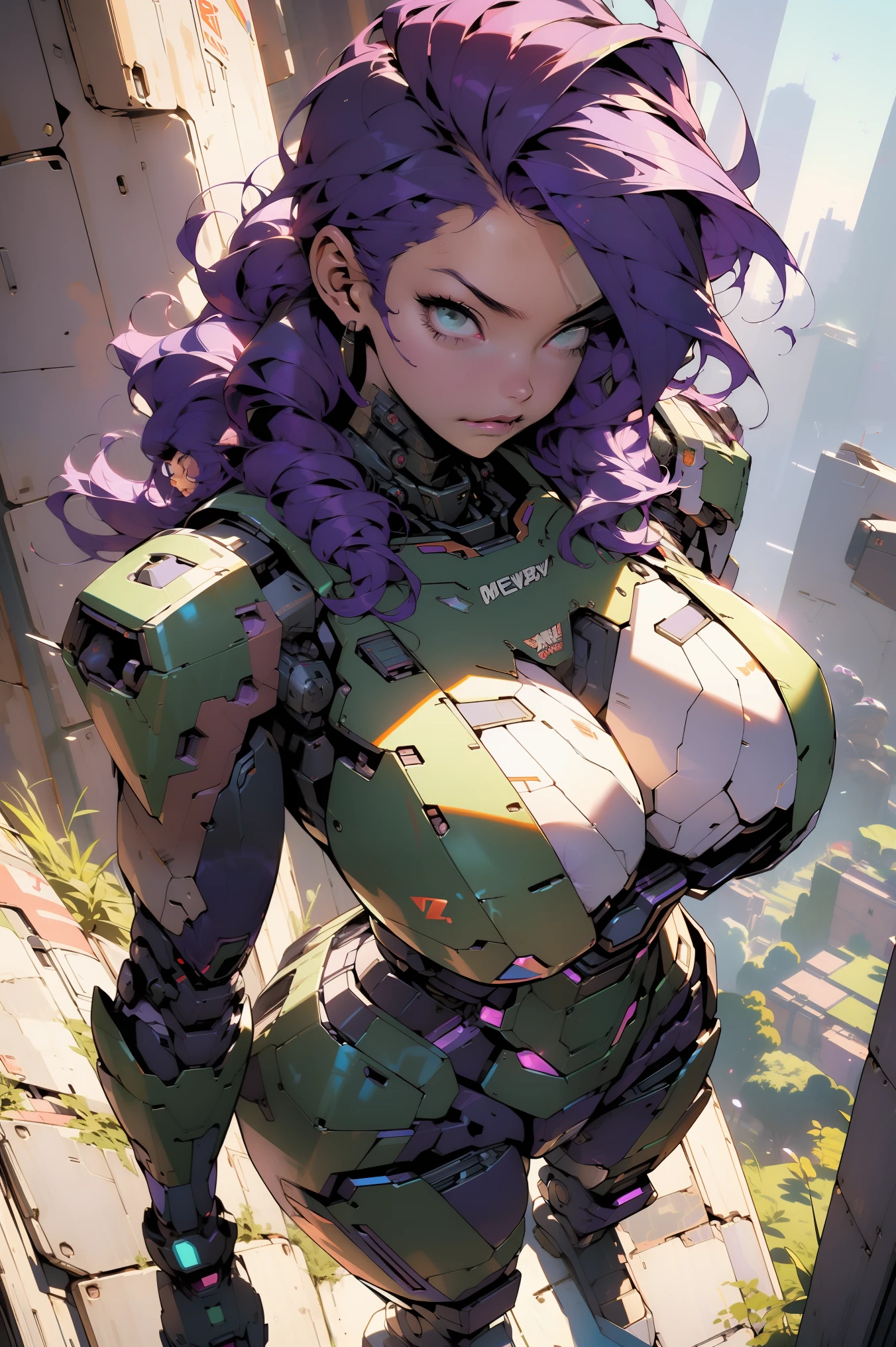 ((Best quality)), ((perfect masterpiece)), (detailed: 1.4), (Absurd), (((full body, curvy body, enormously gigantic tits, cleavage showing)), (((purple hair woman))), 21-year-old woman, Beautiful sexy busty woman, giant robot pilot, wild with perfect curvy body, wearing mecha battle armor little clothing, tiny thong, clothing with Japanese cyberpunk graphic patterns, halftone pattern and vertical stripes, earth tone, (coming out of the body of a giant robot, giant robot in background:1.3)