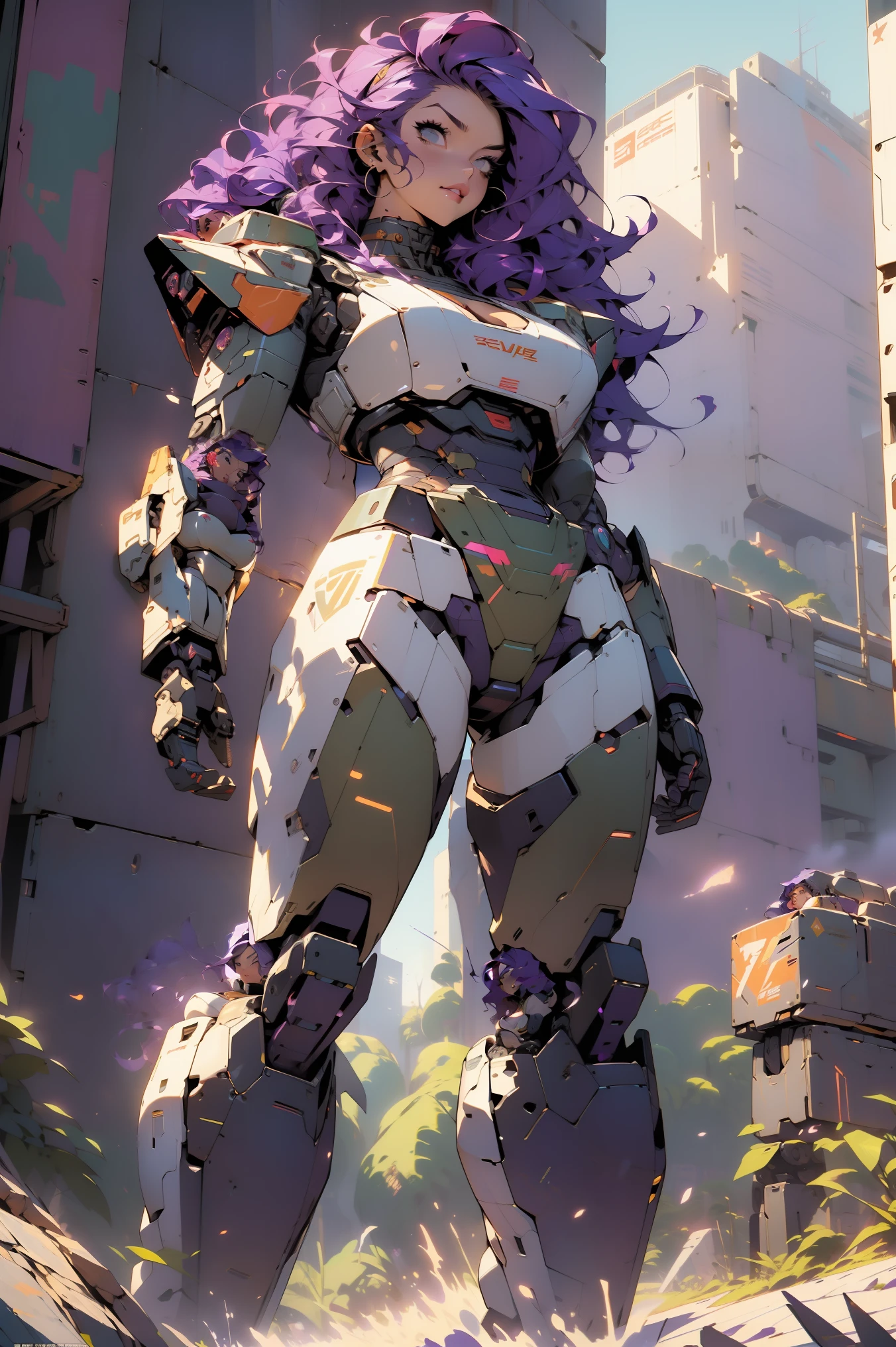 ((Best quality)), ((perfect masterpiece)), (detailed: 1.4), (Absurd), (((full body, curvy body, enormously gigantic tits, cleavage showing)), (((purple hair woman))), 21-year-old woman, Beautiful sexy busty woman, giant robot pilot, wild with perfect curvy body, wearing mecha battle armor little clothing, tiny thong, clothing with Japanese cyberpunk graphic patterns, halftone pattern and vertical stripes, earth tone, (coming out of the body of a giant robot, giant robot in background:1.3)
