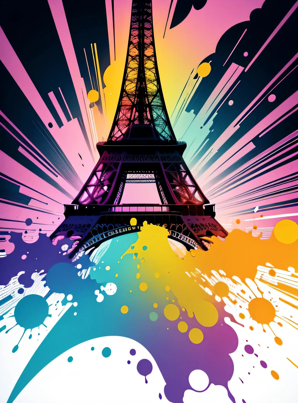 arte vetorial, Colorful illustration with graffiti Eiffel Tower, No centro, cores brilhantes, respingos de tinta e manchas, alto detalhe, fundo branco