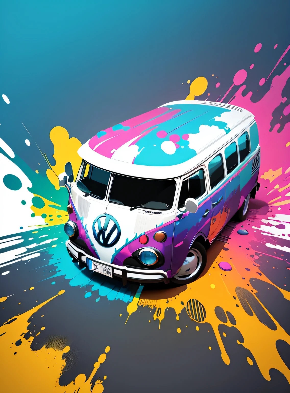 arte vetorial, Colorful illustration with graffiti Volkswagen minibus, No centro, cores brilhantes, respingos de tinta e manchas, alto detalhe, fundo branco