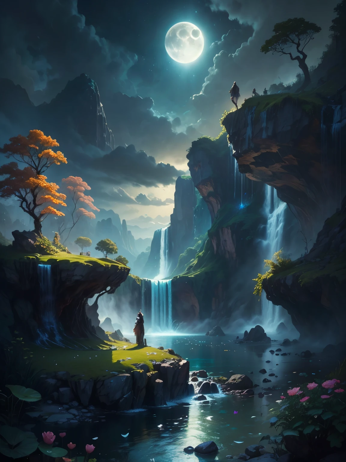 there is a large waterfall in the middle of a mountain, ancient city, epic matte painting of an island, the lost city of atlantis, an aztec city in a island lake, ancient city landscape, lost city of atlantis, marc simonetti. intricate, beautiful concept art, stunning concept art, highly realistic concept art, art style of marc simonetti, (((masterpiece))), best quality, high quality, extremely detailed CG unity 8k wallpaper, scenery, outdoors, sky, cloud, no people, mountain, landscape, water, tree, blue sky, waterfall, cliff, nature, lake, river, cloudy sky,award winning photography, Bokeh, Depth of Field, HDR, bloom, Chromatic Aberration ,Photorealistic,extremely detailed, trending on artstation, trending on CGsociety, Intricate, High Detail, dramatic, art by midjourney, tall waterfall, painting of a river with rocks and trees in the foreground, near a river, landscape, jungle, waterfall, crystal clear water, night light,((full moon)), colorful, river with rocks, rock bridge, epic, fantasy, ((roses and flowers on the banks of the pond)), ((oil painting)), moon landscape reflected in river, ((rock bridge))