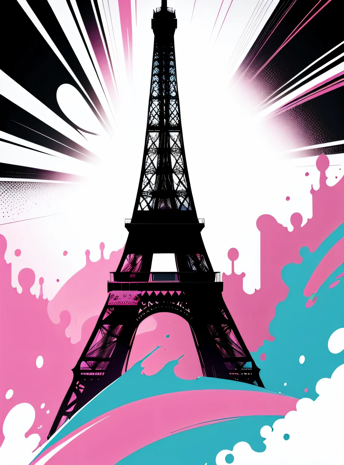 arte vetorial, Colorful illustration with graffiti Eiffel Tower, No centro, Cores pastel, respingos de tinta e manchas, alto detalhe, fundo branco