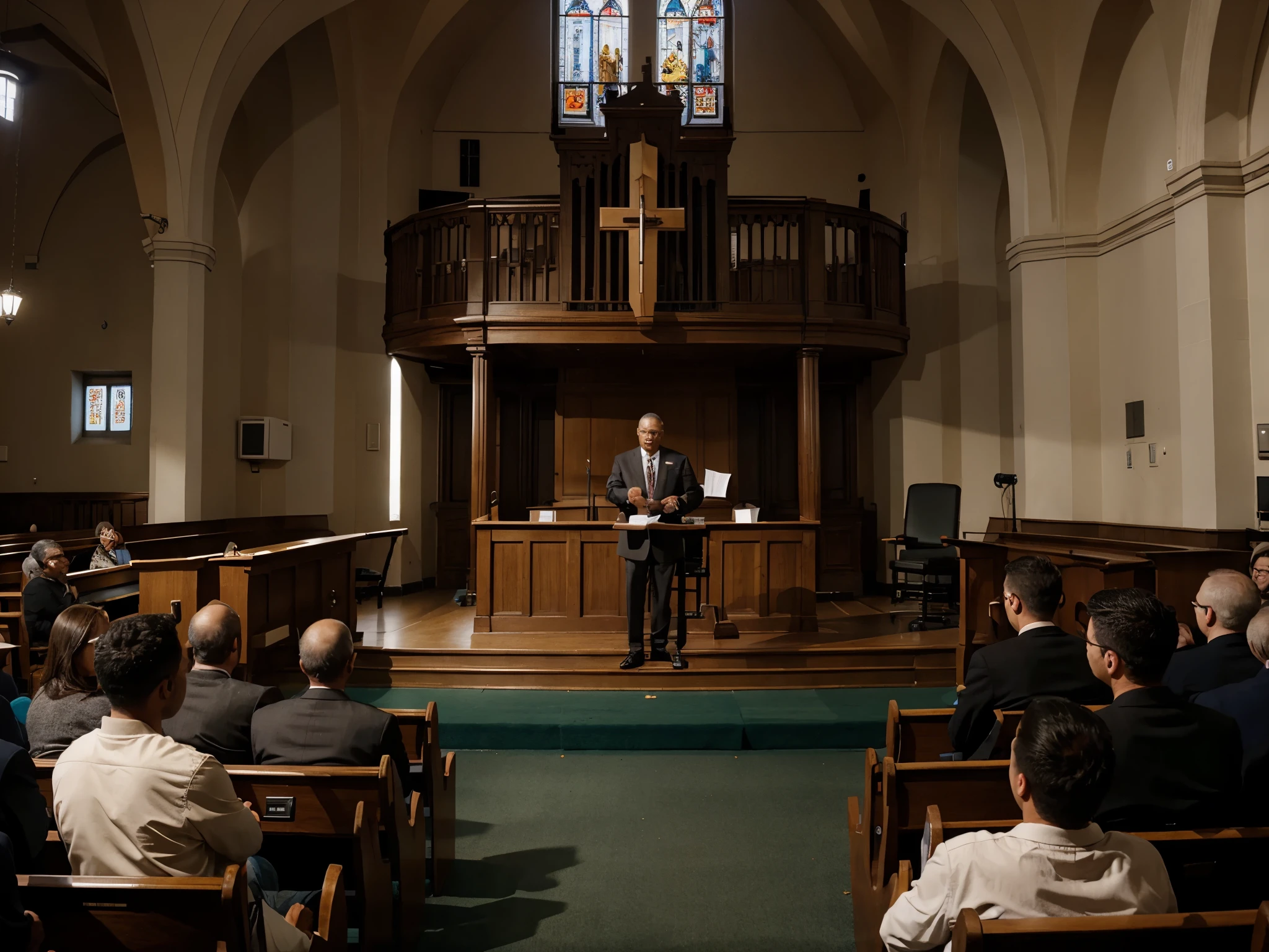 Man in the pulpit of the evangelical church preaching the word to many people