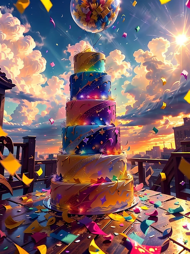 (Realisticity: 1.3), Fine, Quality, Rembrandt Lighting, (Masterpiece: 1.2), (Realisticity: 1.2), (Best Quality), (Skin Details: 1.3), (Intricate Detail), Dramatic, Idyllic, Ray Tracing, ((full color of pieces of confetti floating on the sky, a lot of confetti), (Sun, Clouds, Starlight, Trails, Non-Human)) scenario design, full of confetti
