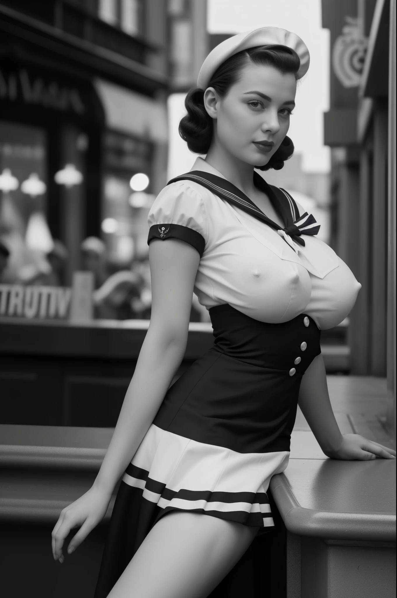 (1940 vintage black and white photograph:1.2), full body portrait of Betty (styled in a (1940's Sailor Dress:1.5), (highly detailed:1.3):1.3), (highly detailed face:1.8), (1940's Pompadour Hairstyle:1.3), (slim body, (large breasts:1.3), small hips:1.5), (leaning back on the bar:1.5), (background sidewalk downtown New York City 1940:1.4), (soft studio lighting, volumetric shadows), JCH Street Pan, ISO 100