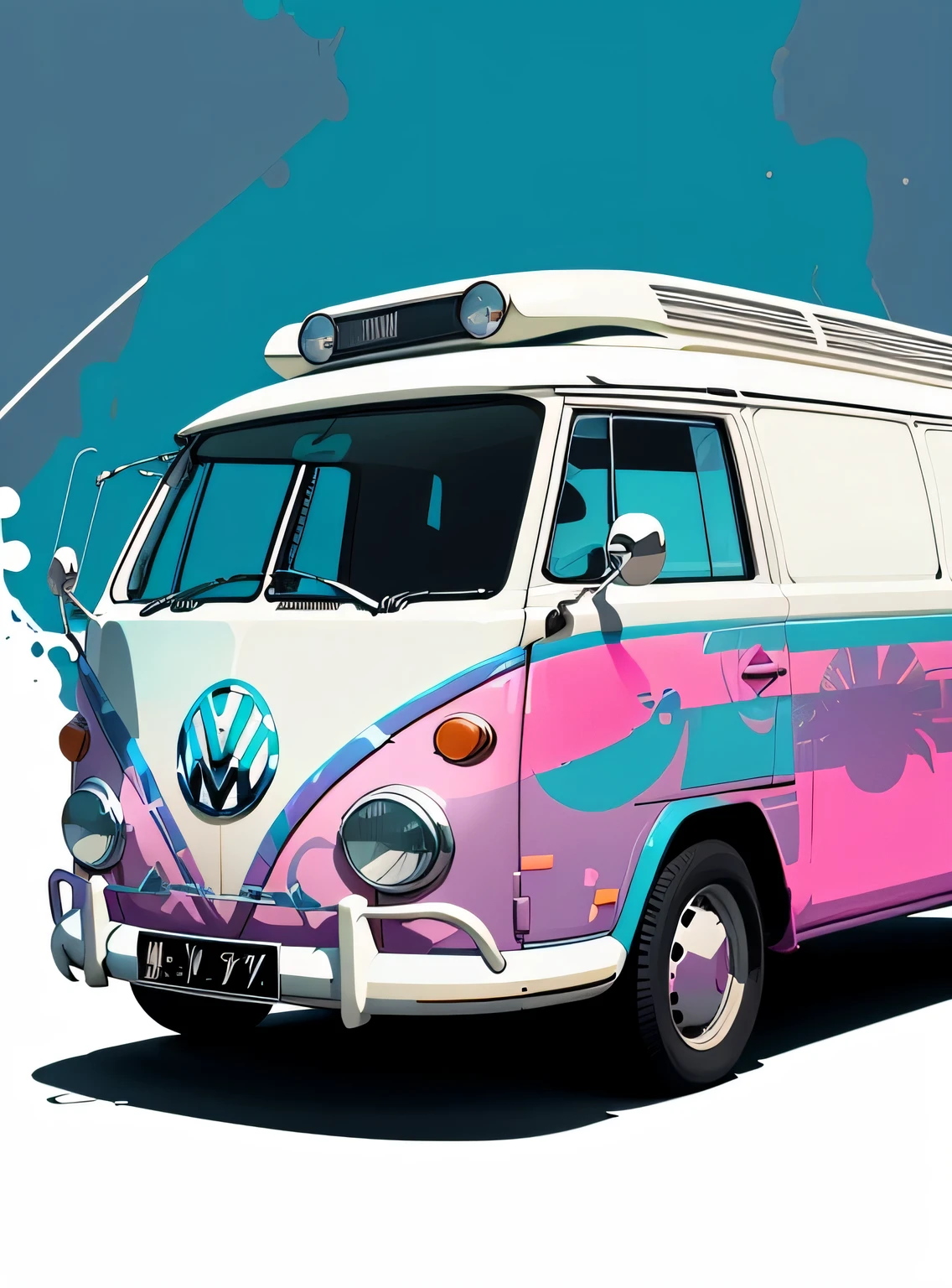 arte vetorial, Colorful illustration with graffiti Volkswagen Kombi, No centro, Cores pastel, respingos de tinta e manchas, alto detalhe, fundo branco
