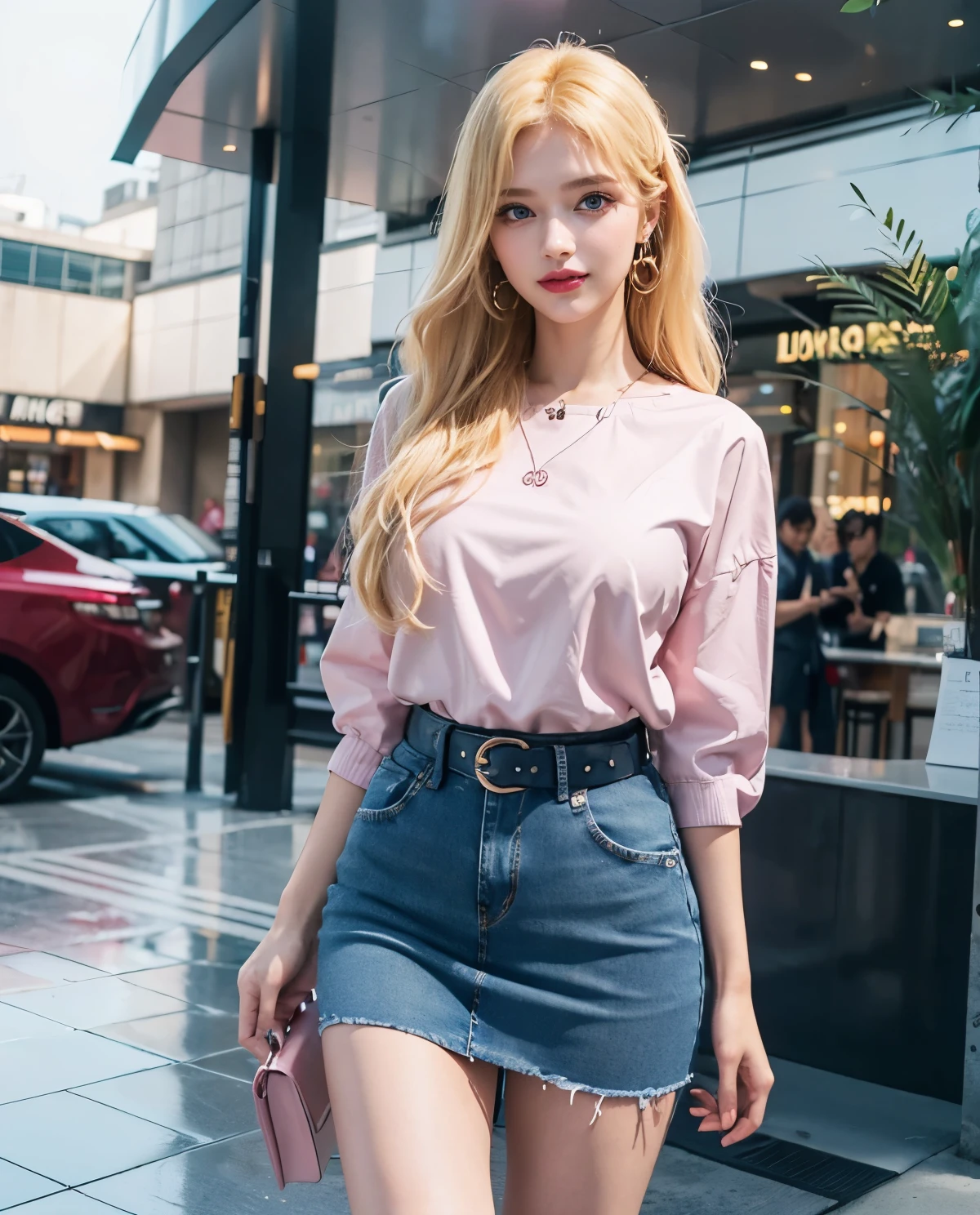1girl, Blue eyes, (smile), shiny makeup, (Sana Minatozaki), wide hips, Big , big ass, (Best Quality, 8k, Masterpiece: 1.3), perfect hands, Clear Focus: 1.2, Perfect Body Beauty: 1.4, Highly detailed face and skin texture, detailed eyes, double eyelids, red lips, (blonde long hair :1.2), (pink blouse :1.2), belt, (jeans skirt :1.3), standing, dynamic pose, in a shopping center