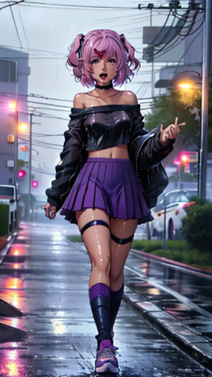 SoakingWetClothes, Masterpiece, highest quality, (ddlcnatsuki, fang, hair ornament, pink hair, (purple eyes:1.1), casual clothes, purple crop top, off shoulder shirt, fishnet sleeves, skirt over jeans, accessories, night, soaking wet clothes, wet hair, wet body, wetlook, soaked, pouring rain, outside, running down the sidewalk, dripping wet, soaked clothes, wet clothes, wet fabric, soaking wet, small breasts, looking at camera, tongue out, mouth open, V sign, full body, shoes, breast grab,