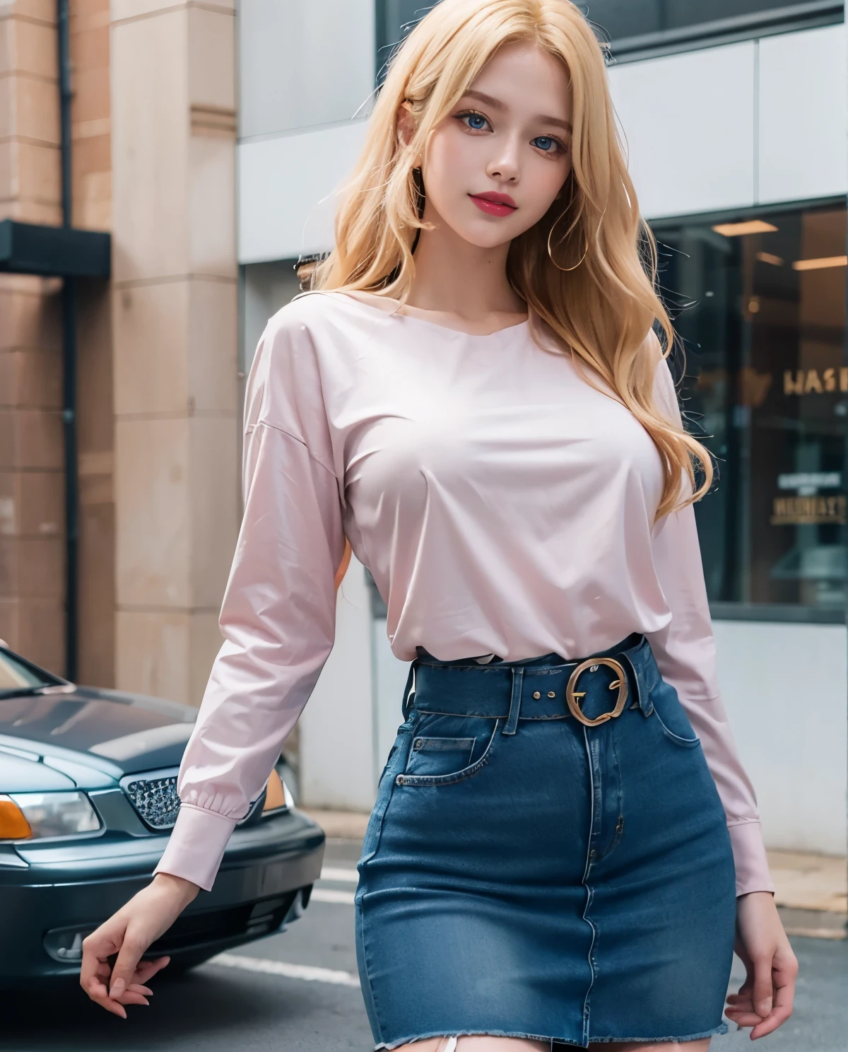 1girl, (Blue Eyes), (seductive face :1.2), wide hips, (big tits :1.1), (big ass), (thin waist :1.2), (thick thighs), (toned legs :1.1), muscle, (Best Quality, 8k, Masterpiece: 1.3), Clear Focus: 1.2, Perfect Body Beauty: 1.4, (strong abs :1.2), Highly detailed face and skin texture, detailed eyes, double eyelids, (shiny skin :1.2), (long blonde straight hair :1.2), (pink blouse :1.2), belt, (jeans skirt :1.3), standing, dynamic pose, in a shopping center