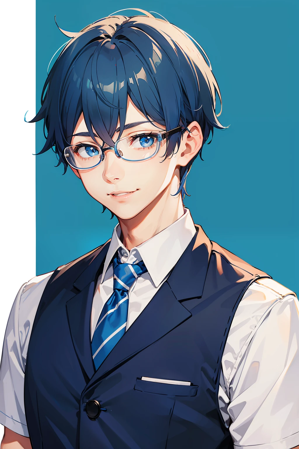 1man, short blue hair, blue eyes, male school uniform, glasses, blue background, smile, teen,