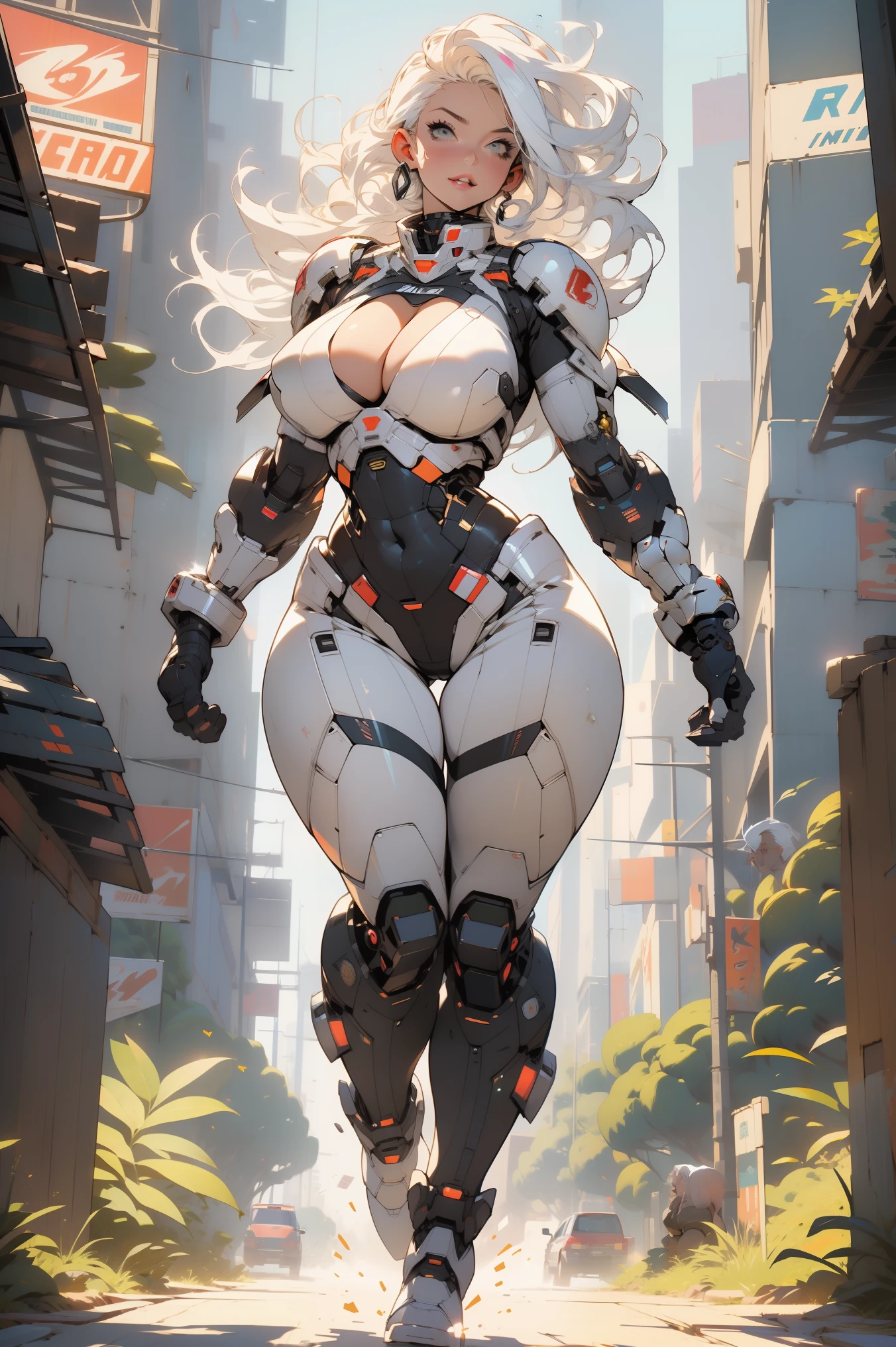 ((Best quality)), ((perfect masterpiece)), (detailed: 1.4), (Absurd), (((full body, curvy body, enormously gigantic tits, cleavage showing)), (((platinum white hair woman))), 21-year-old woman, Beautiful sexy busty woman, giant robot pilot, wild with perfect curvy body, wearing mecha battle armor little clothing, tiny thong, clothing with Japanese cyberpunk graphic patterns, halftone pattern and vertical stripes, earth tone, coming out of the body of a giant robot