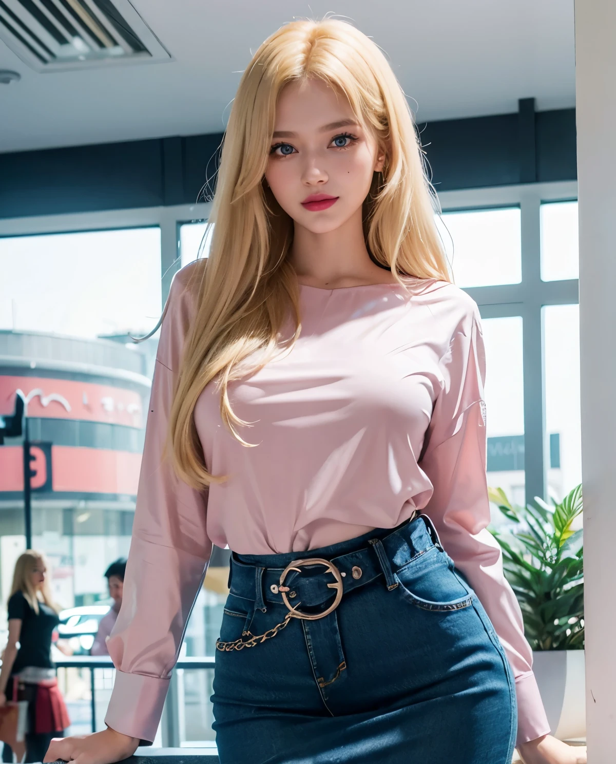 1girl, Blue eyes, (smile), shiny makeup, (Sana Minatozaki), wide hips, Big , big ass, (Best Quality, 8k, Masterpiece: 1.3), perfect hands, Clear Focus: 1.2, Perfect Body Beauty: 1.4, Highly detailed face and skin texture, detailed eyes, double eyelids, red lips, (blonde long hair :1.2), (pink blouse :1.2), belt, (jeans skirt :1.3), standing, dynamic pose, in a shopping center
