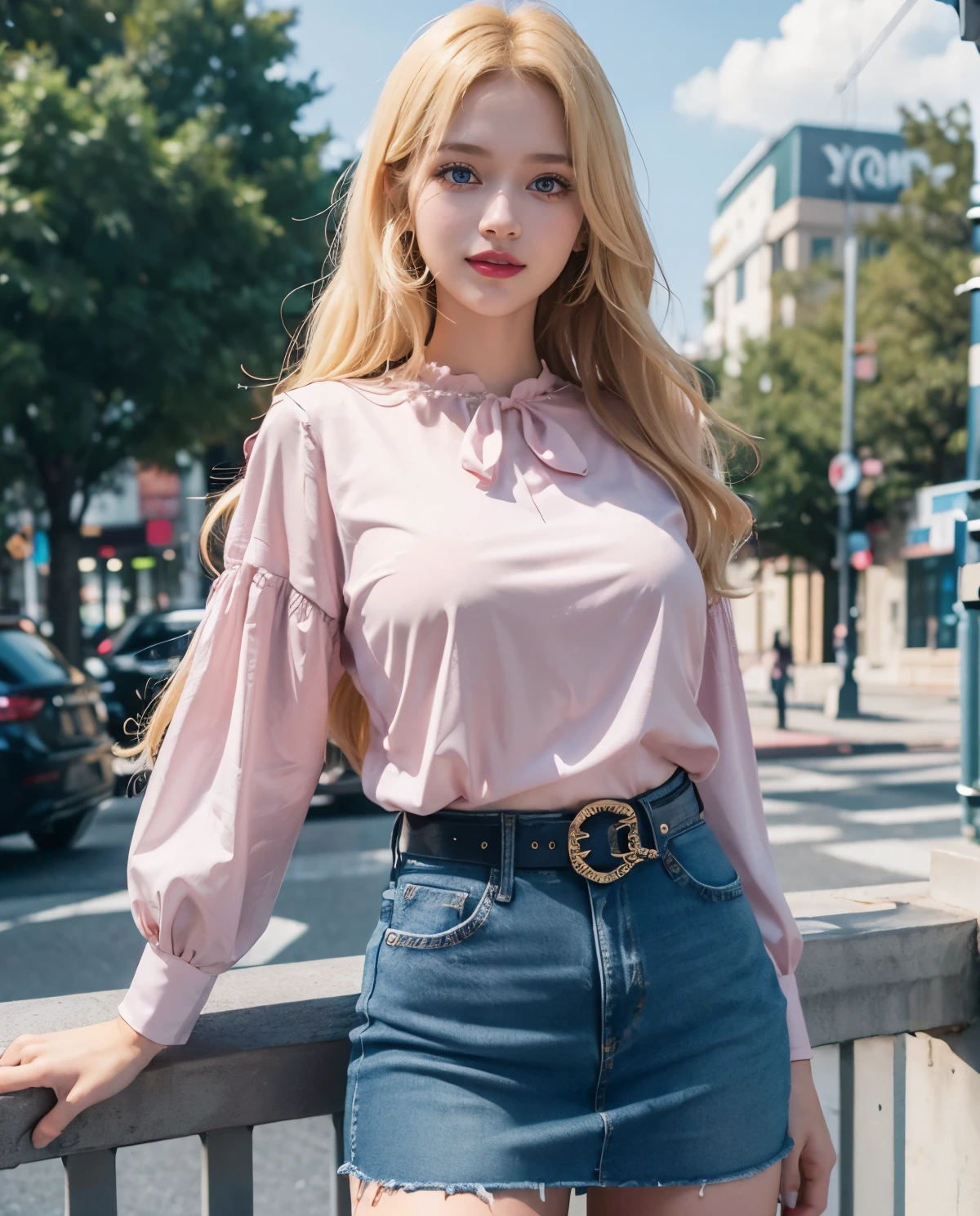 1girl, Blue eyes, (smile), shiny makeup, (Sana Minatozaki), wide hips, Big , big ass, (Best Quality, 8k, Masterpiece: 1.3), perfect hands, Clear Focus: 1.2, Perfect Body Beauty: 1.4, Highly detailed face and skin texture, detailed eyes, double eyelids, red lips, (blonde long hair :1.2), (pink blouse :1.2), belt, (jeans skirt :1.3), standing, dynamic pose, in a shopping center
