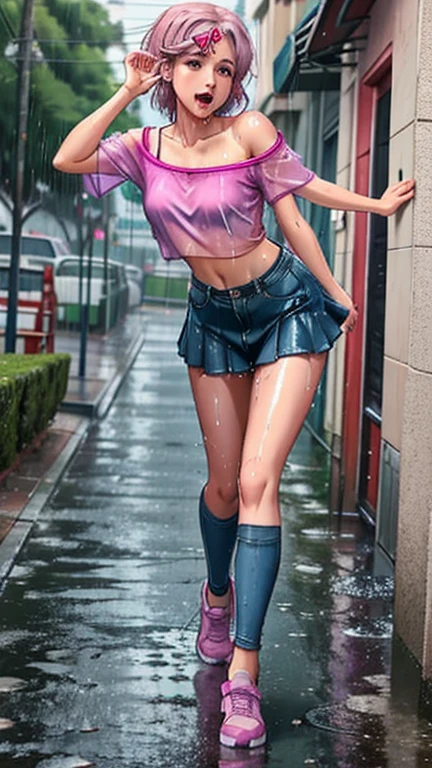 SoakingWetClothes, Masterpiece, highest quality, (ddlcnatsuki, fang, hair ornament, pink hair, (purple eyes:1.1), casual clothes, purple crop top, off shoulder shirt, fishnet sleeves, skirt over jeans, accessories, night, soaking wet clothes, wet hair, wet body, wetlook, soaked, pouring rain, outside, running down the sidewalk, dripping wet, soaked clothes, wet clothes, wet fabric, soaking wet, small breasts, looking at camera, tongue out, mouth open, V sign, full body, shoes, breast grab,