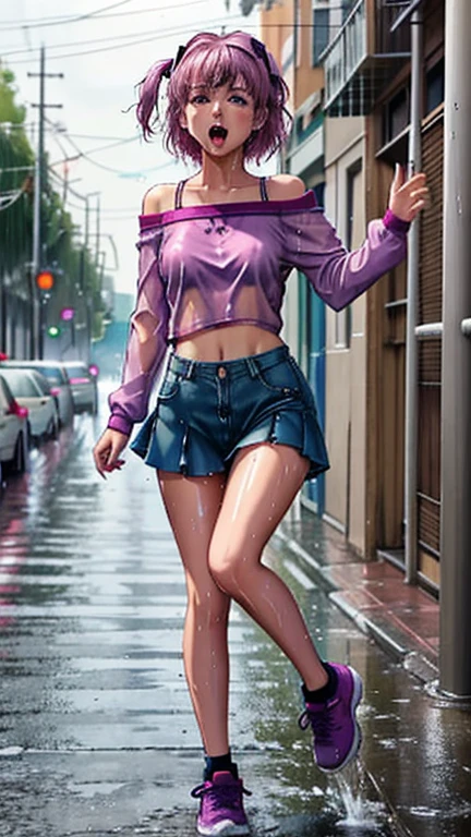 SoakingWetClothes, Masterpiece, highest quality, (ddlcnatsuki, fang, hair ornament, pink hair, (purple eyes:1.1), casual clothes, purple crop top, off shoulder shirt, fishnet sleeves, skirt over jeans, accessories, night, soaking wet clothes, wet hair, wet body, wetlook, soaked, pouring rain, outside, running down the sidewalk, dripping wet, soaked clothes, wet clothes, wet fabric, soaking wet, small breasts, looking at camera, tongue out, mouth open, V sign, full body, shoes, breast grab,