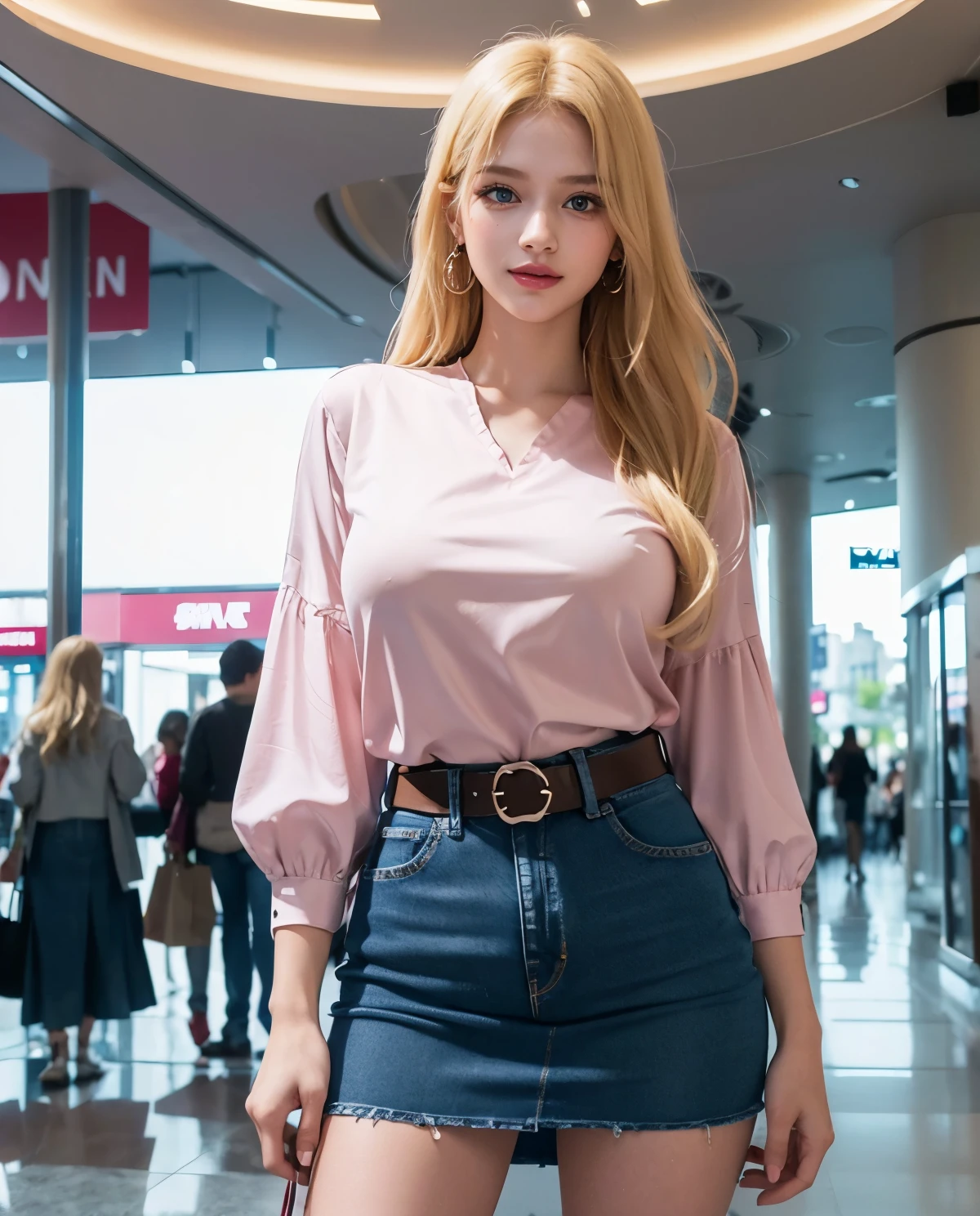 1girl, Blue eyes, (smile), shiny makeup, (Sana Minatozaki), wide hips, Big , big ass, (Best Quality, 8k, Masterpiece: 1.3), perfect hands, Clear Focus: 1.2, Perfect Body Beauty: 1.4, Highly detailed face and skin texture, detailed eyes, double eyelids, red lips, (blonde long hair :1.2), (pink blouse :1.2), belt, (jeans skirt :1.3), standing, dynamic pose, in a shopping center