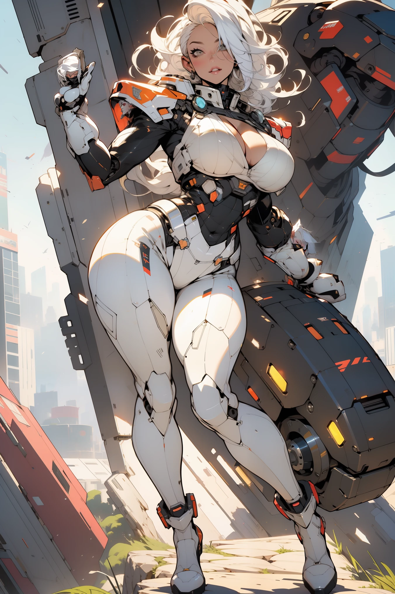 ((Best quality)), ((perfect masterpiece)), (detailed: 1.4), (Absurd), (((full body, curvy body, enormously gigantic tits, cleavage showing)), (((platinum white hair woman))), 21-year-old woman, Beautiful sexy busty woman, giant robot pilot, wild with perfect curvy body, wearing mecha battle armor little clothing, tiny thong, clothing with Japanese cyberpunk graphic patterns, halftone pattern and vertical stripes, earth tone, coming out of the body of a giant robot