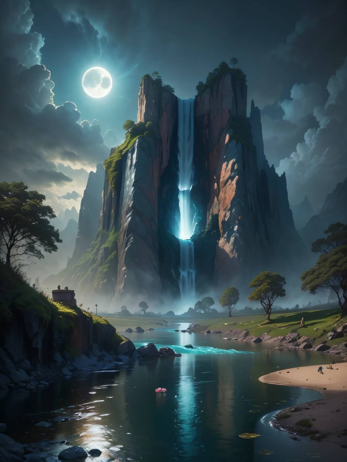 there is a large waterfall in the middle of a mountain, ancient city, epic matte painting of an island, the lost city of atlantis, an aztec city in a island lake, ancient city landscape, lost city of atlantis, marc simonetti. intricate, beautiful concept art, stunning concept art, highly realistic concept art, art style of marc simonetti, (((masterpiece))), best quality, high quality, extremely detailed CG unity 8k wallpaper, scenery, outdoors, sky, cloud, no people, mountain, landscape, water, tree, blue sky, waterfall, cliff, nature, lake, river, cloudy sky,award winning photography, Bokeh, Depth of Field, HDR, bloom, Chromatic Aberration ,Photorealistic,extremely detailed, trending on artstation, trending on CGsociety, Intricate, High Detail, dramatic, art by midjourney, tall waterfall, painting of a river with rocks and trees in the foreground, near a river, landscape, jungle, waterfall, crystal clear water, night light,((full moon)), colorful, river with rocks, rock bridge, epic, fantasy, ((roses and flowers on the banks of the pond)), ((oil painting)), moon landscape reflected in river, ((rock bridge))