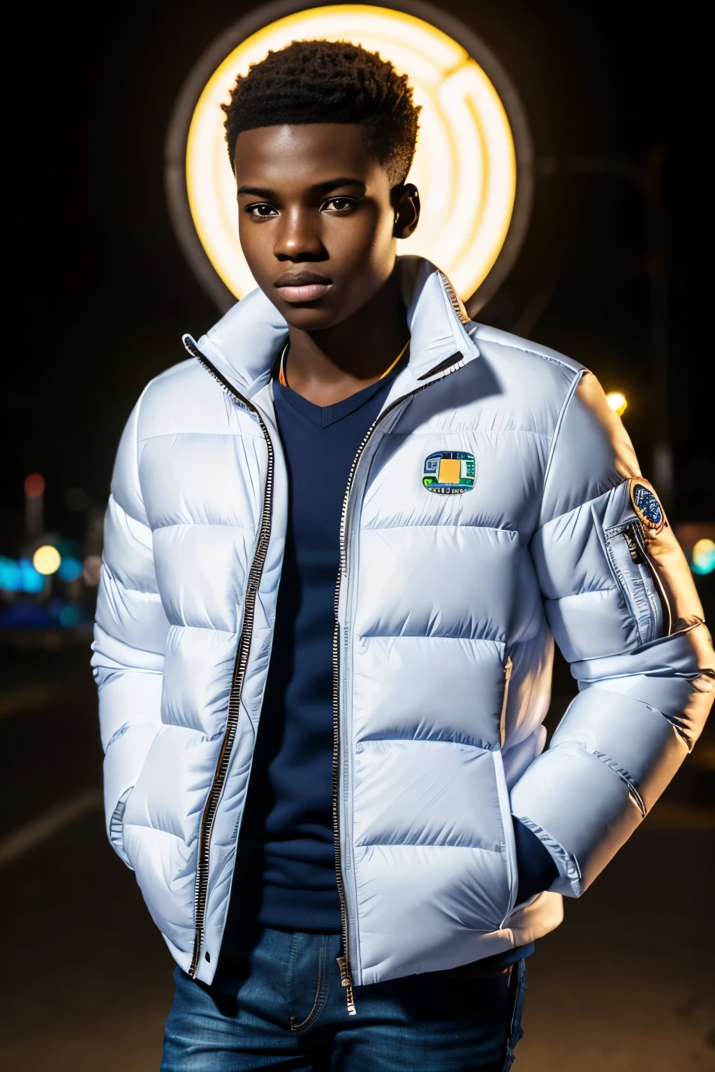 (handsome African  boy, front view, detailed face and expressions, vibrant neon lights, white puffer jacket, peaceful atmosphere, ultra-realistic rendering, 4k resolution, high-quality details, professional photography lighting)