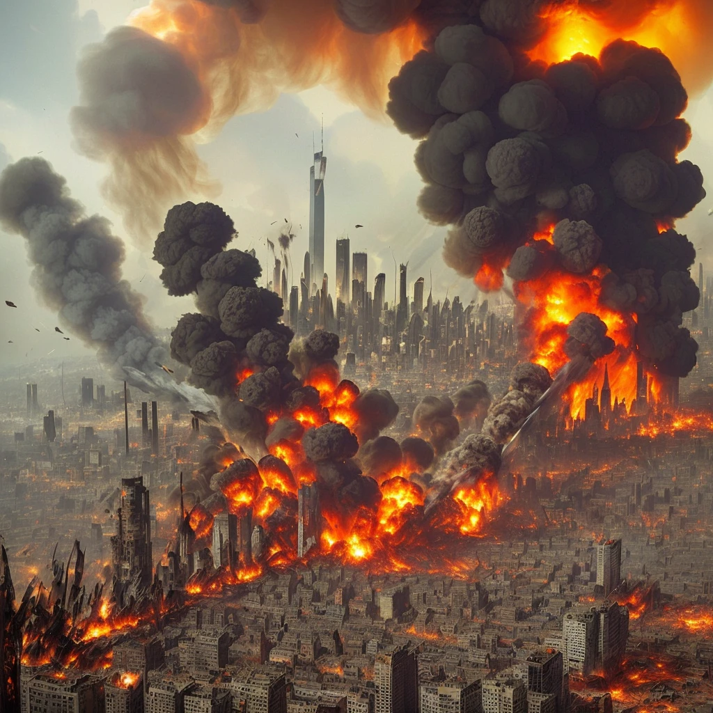 A catastrophic scene unfolds as a plane, shrouded in flames and debris, plows into the towering skyline of a bustling city. (explosive: 1.5), (chaotic: 1.1), (smoke: 1.3), (chaos: 1.2), (tragedy: 1.2), (cityscape: 1.3), (destructive: 1.1), ( destruction: 1.5), ( city: 1.5), ( urban: 1.1), (plumes: 1.4), (wreckage: 1.2), (cataclysmic:
