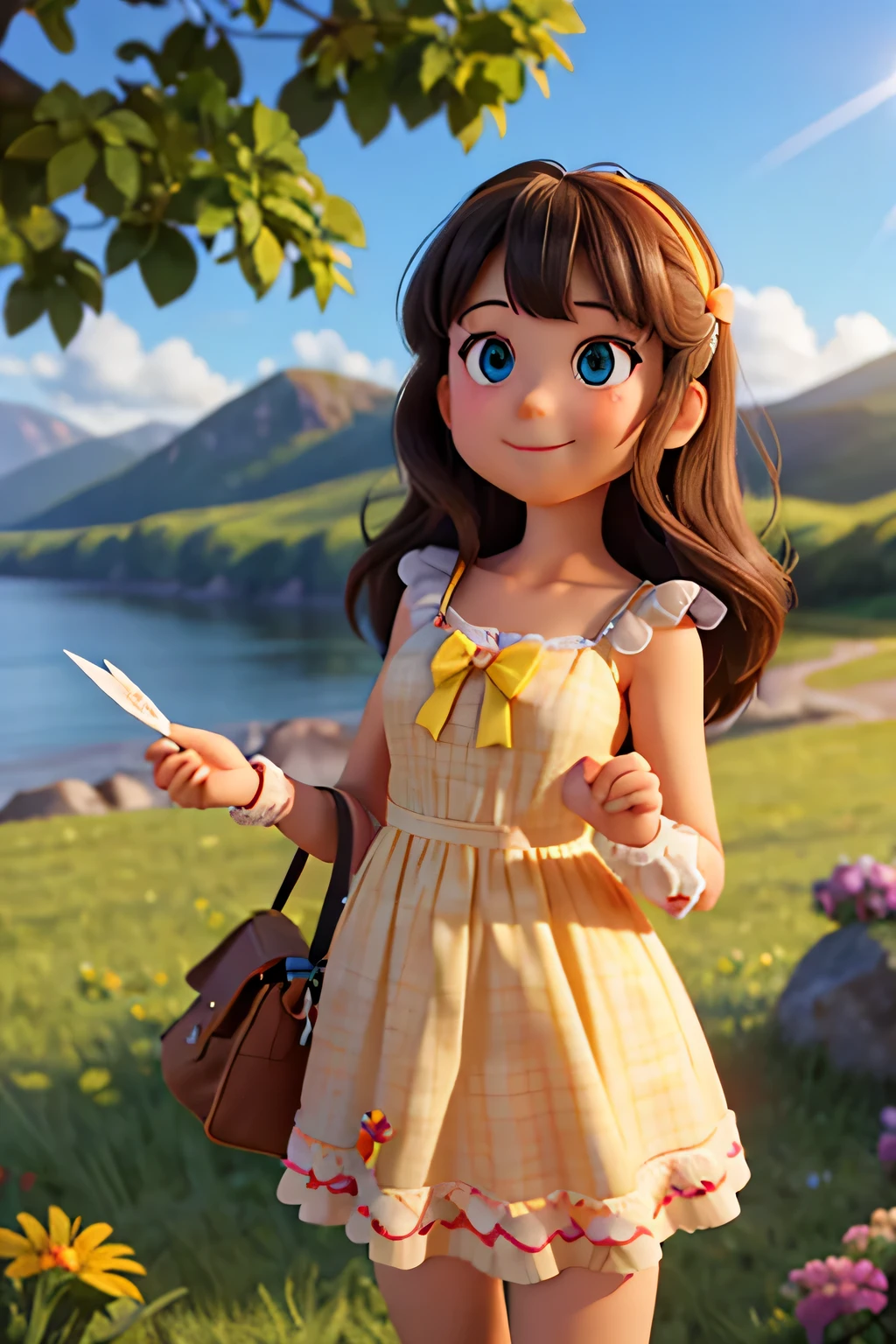 3D, Pixar, estilo Disney, obra de arte, alta qualidade melhor qualidade, 1 garota, franja, praia, blue sky, corar, arco, seios, vestir, yellow vestir, Nuvem, Nuvemy sky, clavicle, dia, grama, arco cabelo, Heart, containment, bolsa, horizonte, entrante_presente, Kazami_Yuuka, inclinando-se_Advance, Lente_fulgurar, carta, Luz_raios, longo_cabelo, olhando_no_visualizador, amor_carta, montanha, montanhaous_horizonte, oceano, ao ar livre, Xadrez_Fundo, Ponto de vista, vestir, sky, sorriso, solo, sol, solbeam, solLuz, tree, property_pnotern
