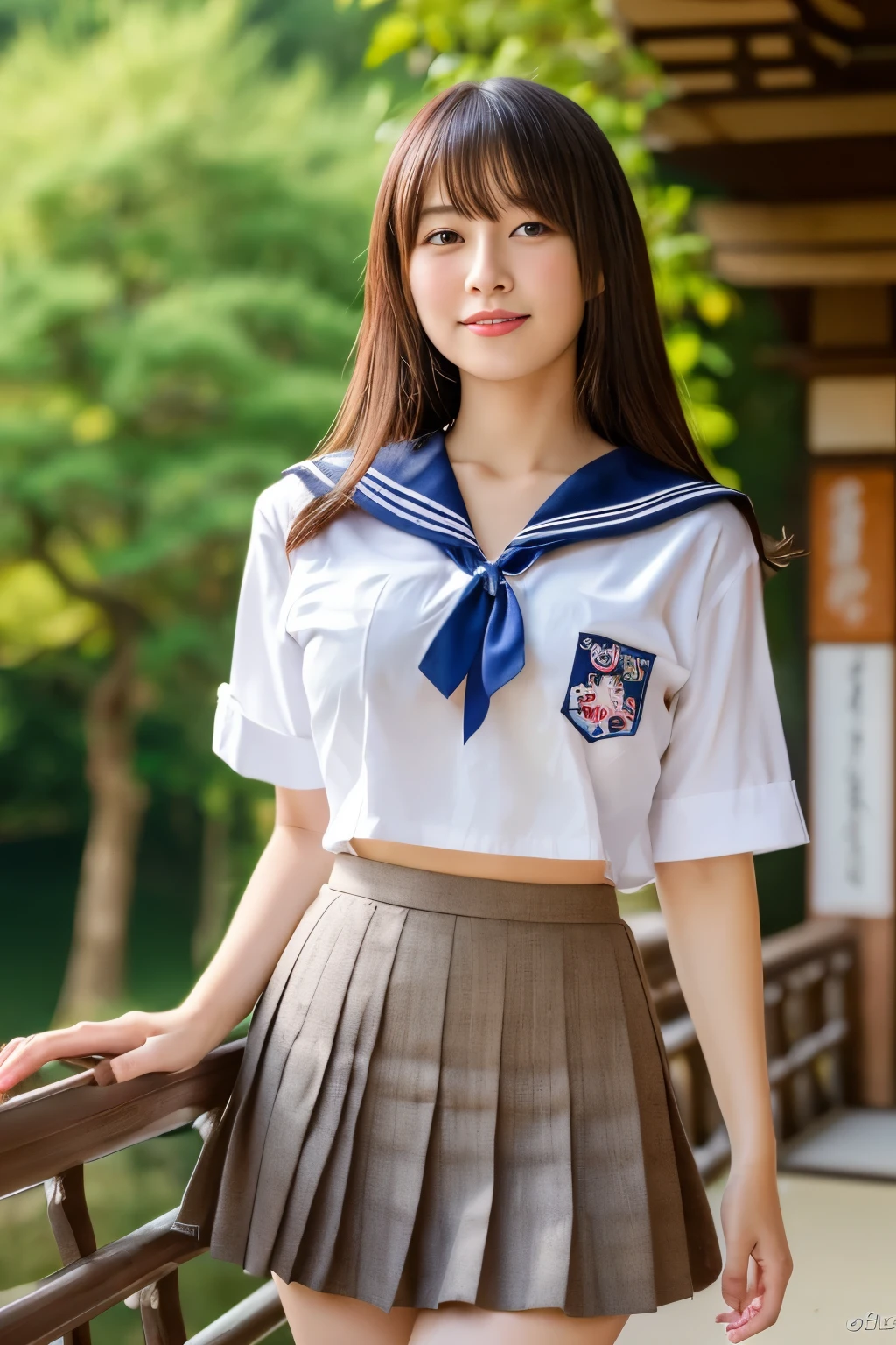 (highest quality,8K,High resolution:1.2),(Beautiful realistic Japan person:1.6)、(cute japanese girl:1.4),(huge breasts:1.25),(glamorous body),(school uniform,bra is very,pleated skirt,sailor collar,white shirt:1.2)、17 years old、Professional、(My dear woman、joy of loving、heartbeat)、Happy、national park、forest、