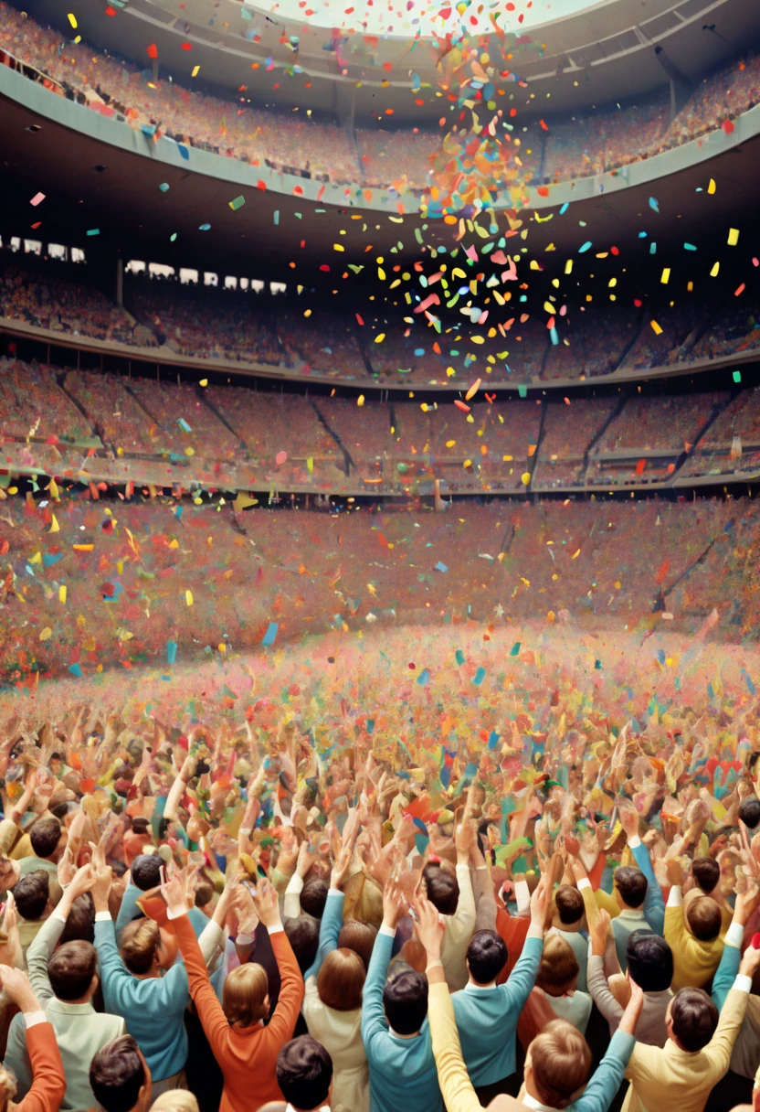 colorful confetti, 1960s, cheering crowds, victory, paper art, panoramic view, Ultra high saturation, (best quality, masterpiece, Representative work, official art, Professional, 8k)