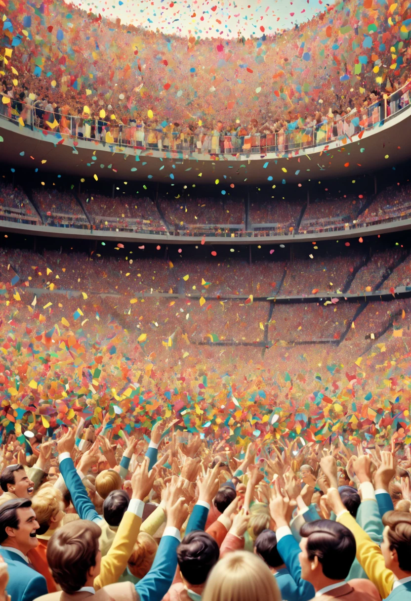 colorful confetti, 1960s, cheering crowds, victory, paper art, panoramic view, Ultra high saturation, (best quality, masterpiece, Representative work, official art, Professional, 8k)