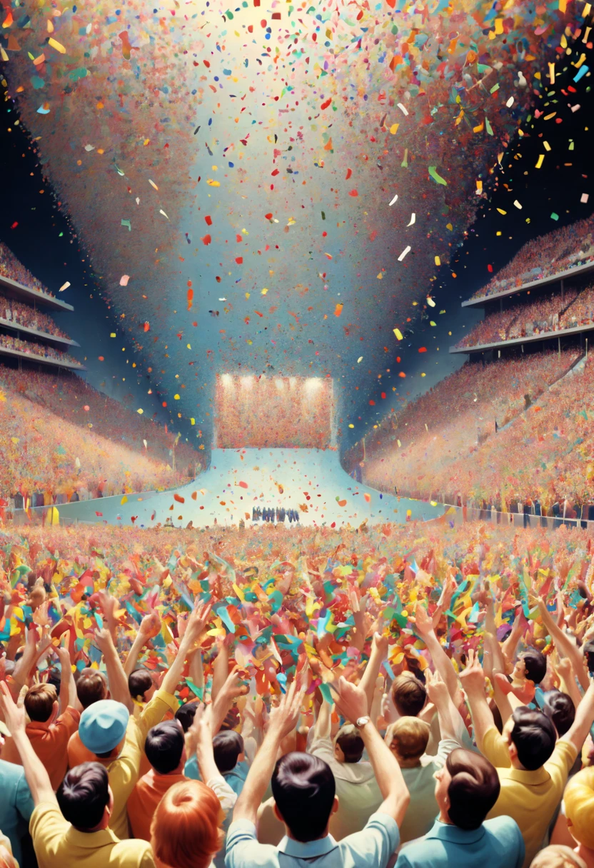colorful confetti, 1960s, cheering crowds, victory, paper art, panoramic view, Ultra high saturation, (best quality, masterpiece, Representative work, official art, Professional, 8k)