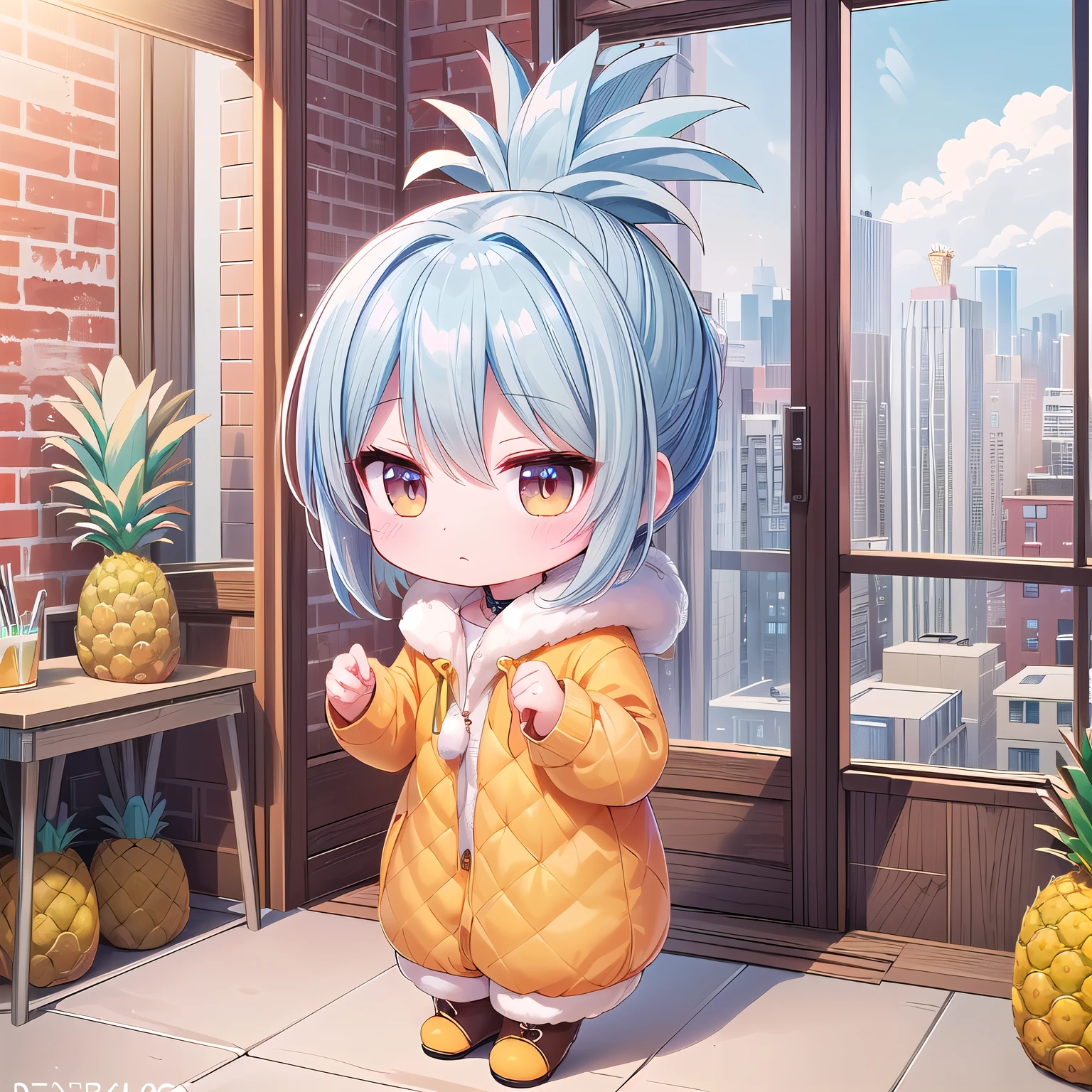 (Chibi, snap,Pineapple ,one girl: 1.4), (Masterpiece, almond-shaped eyes, glossy white-blue hair, short chignon hair, top quality, carefully drawn fingers, beautiful anatomy, full body : 1.4), (Tasteful Colored pencil hand-drawn picture: 1.3), (Red cheeks, indifference, no expression, hair blowing in the wind: 1.2), (Slim and warm clothes, fluffy sweater,down coat, check pants,warm boots: 1.2), (fantastic view: 1.3), (brick building,pineapple building,big city:1.4),(stay room ,morning:1.3)