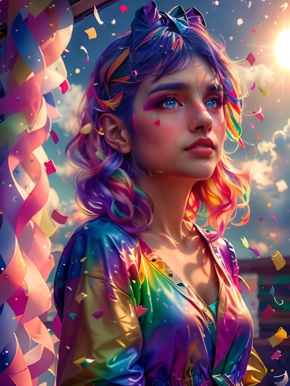 (Realisticity: 1.3), Fine, Quality, Rembrandt Lighting, (Masterpiece: 1.2), (Realisticity: 1.2), (Best Quality), (Skin Details: 1.3), (Intricate Detail), Dramatic, Idyllic, Ray Tracing, ((full color of pieces of confetti floating on the sky, a lot of confetti), (Sun, Clouds, Starlight, Trails, )) scenario design, full of confetti, 1girl
