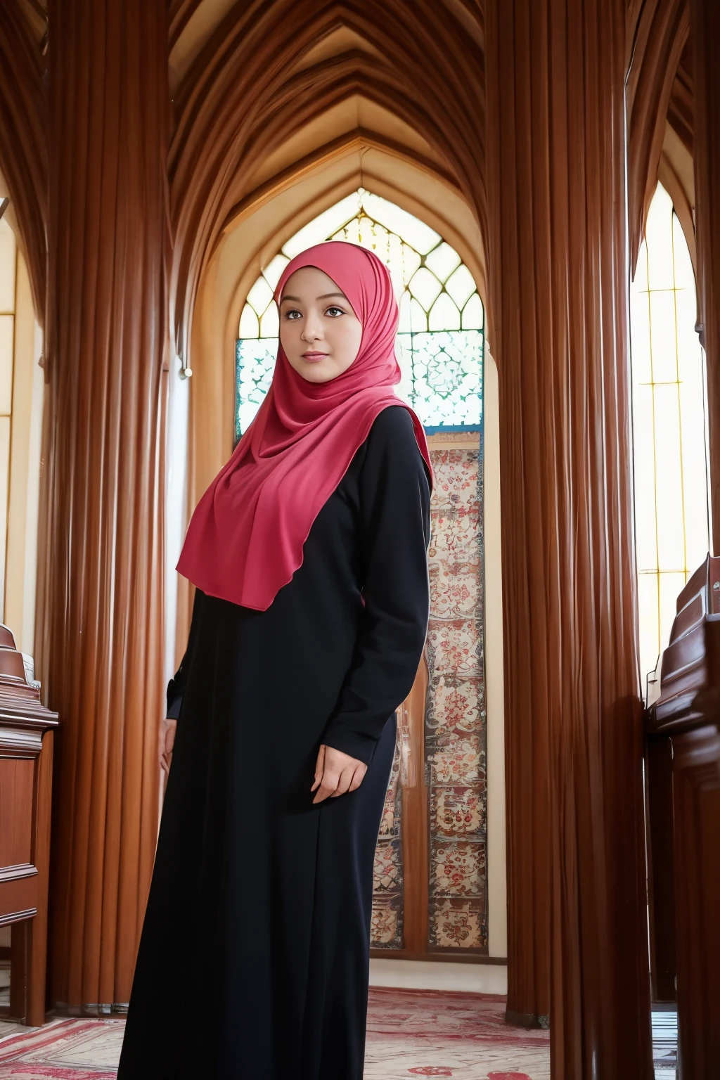 A 42 years old MILF with a fat ass standing wearing a Hijab in a mosque