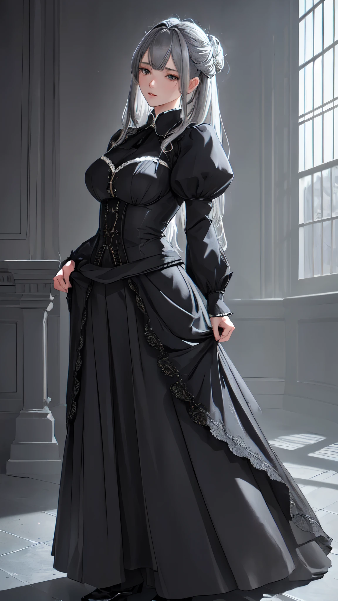 (best quality,8k,masterpiece:1.2),extremely detailed,1girl, grey two-tone hair,dress,long skirt,beautiful detailed face,elaborate,dramatic lighting,4k,detailed background,caustics,portraits,full body shot,looking at the viewer, front view