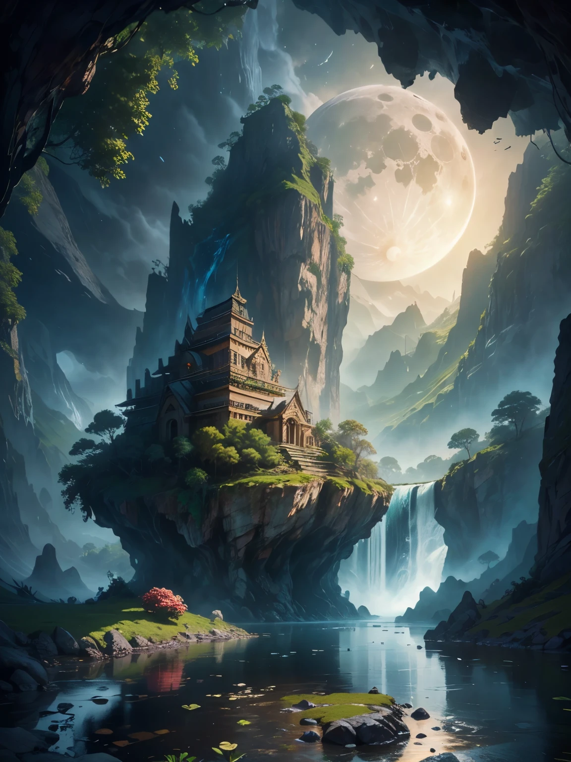 there is a large waterfall in the middle of a mountain, ancient city, epic matte painting of an island, the lost city of atlantis, an aztec city in a island lake, ancient city landscape, lost city of atlantis, marc simonetti. intricate, beautiful concept art, stunning concept art, highly realistic concept art, art style of marc simonetti, (((masterpiece))), best quality, high quality, extremely detailed CG unity 8k wallpaper, scenery, outdoors, sky, cloud, no people, mountain, landscape, water, tree, blue sky, waterfall, cliff, nature, lake, river, cloudy sky,award winning photography, Bokeh, Depth of Field, HDR, bloom, Chromatic Aberration ,Photorealistic,extremely detailed, trending on artstation, trending on CGsociety, Intricate, High Detail, dramatic, art by midjourney, tall waterfall, painting of a river with rocks and trees in the foreground, near a river, landscape, jungle, waterfall, crystal clear water, night light,((full moon)), colorful, river with rocks, rock bridge, epic, fantasy, ((roses and flowers on the banks of the pond)), ((oil painting)), moon landscape reflected in river, ((rock bridge))