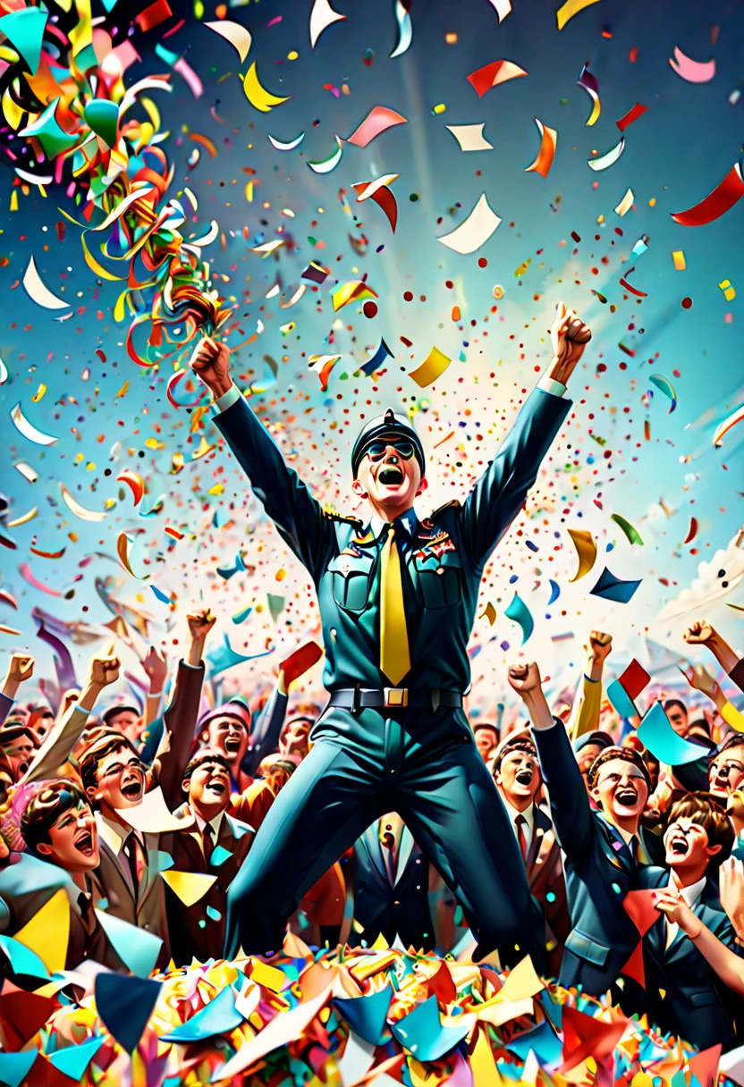 colorful confetti, pilot hero, airport, 1960s, cheering crowds, victory, paper art, panoramic view, Ultra high saturation, (best quality, masterpiece, Representative work, official art, Professional, 8k)