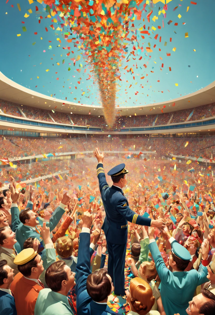 colorful confetti, pilot hero, airport, 1960s, cheering crowds, victory, paper art, panoramic view, Ultra high saturation, (best quality, masterpiece, Representative work, official art, Professional, 8k)