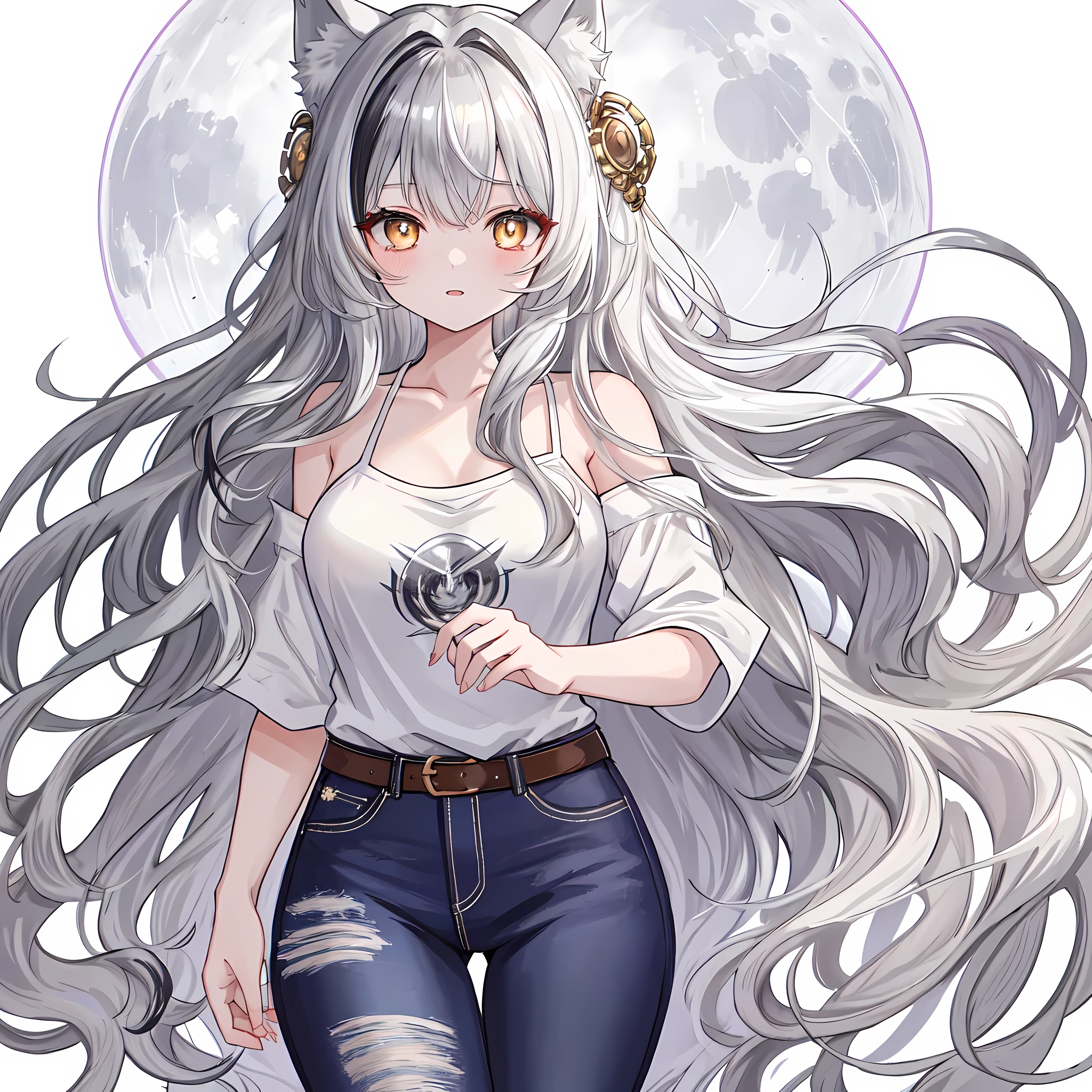 (best quality), masterpiece, extremely detailed CG uniform 8K illustration, multicolored hair, female werewolf with long wavy black hair with golden and silver streaks in hair, white wolf ears, white wolf tail, luminous silver eyes, slitted pupils, body type, camisole, distressed jeans, digital art, anime style, full moon