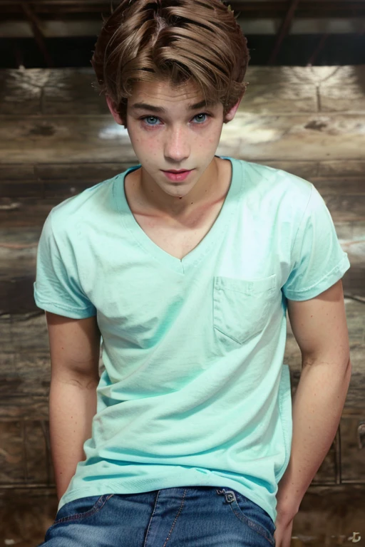 Cute boy, twink, dark blonde hair, ****, teenager, v-neck tshirt, jeans, blue eyes, short hair, 