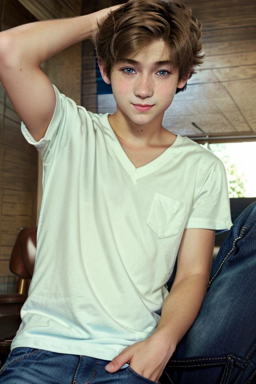 Cute boy, twink, dark blonde hair, teen, teenager, v-neck tshirt, jeans, blue eyes, short hair, 