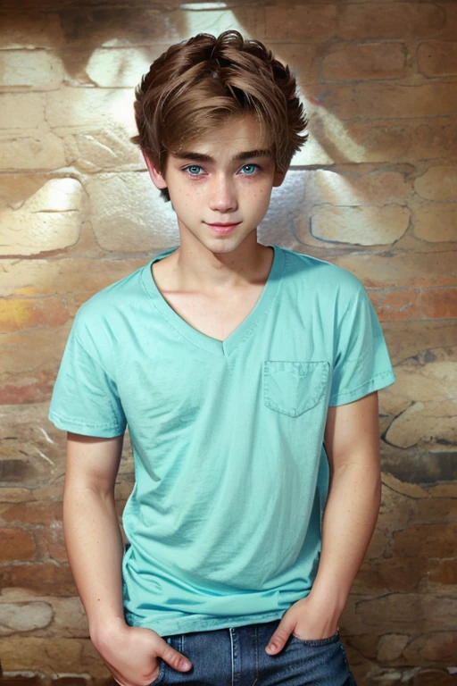 Cute boy, twink, dark blonde hair, teen, teenager, v-neck tshirt, jeans, blue eyes, short hair, 