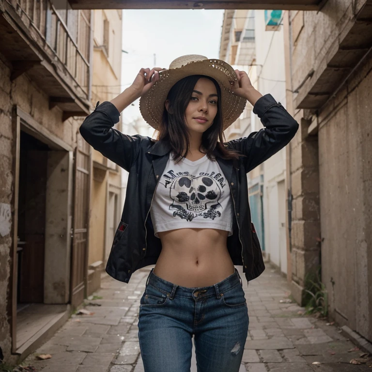 Luffy is a young woman with a striking and charismatic appearance.. She is tall and slim with an athletic, toned build.. Su cabello es de un color negro intenso y despeinado, con algunos mechones rebeldes que caen sobre su frente. Sus ojos son grandes y expresivos, of a bright brown color, always full of determination and a spark of mischief. Luffy tiene una sonrisa contagiosa y es conocido por su famosa cicatriz en forma de equis en el ojo izquierdo, resultado de un accidente en su infancia.
Estilo de vestimenta: Luffy has a unique and casual clothing style. Viste una ropa sexy y de color rojo brillante con una calavera blanca en el pecho, which symbolizes your rebellious and adventurous spirit. Combina esta camiseta con unos pantalones cortos azules y sandalias de cuero, que le permiten moverse con facilidad y agilidad. Luffy also carries his characteristic straw hat with him., a treasure that symbolizes his loyalty to his crew and his desire to become the Pirate King