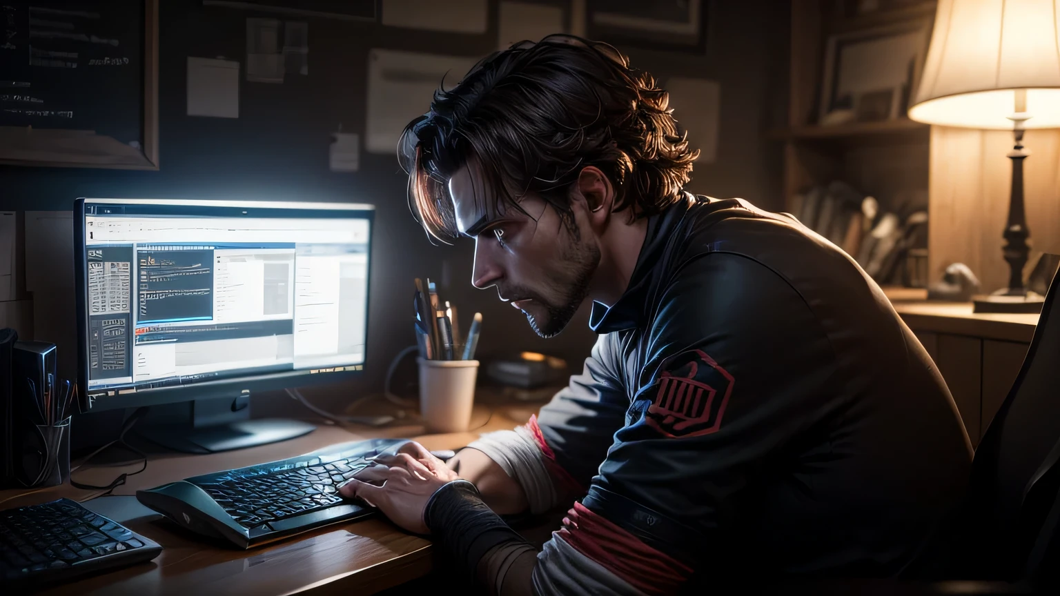 a programmer working on building a computer program in a dystopian setting, Hiper-realista, + cinematic shot + dynamic composition, Incrivelmente detalhado, Afiado, detalhes + superb detalhes + Noite com Luz + perfeccionismo + realismo premiado ((Moody lighting))