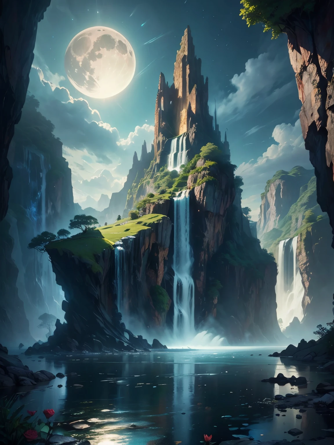 there is a large waterfall in the middle of a mountain, ancient city, epic matte painting of an island, the lost city of atlantis, an aztec city in a island lake, ancient city landscape, lost city of atlantis, marc simonetti. intricate, beautiful concept art, stunning concept art, highly realistic concept art, art style of marc simonetti, (((masterpiece))), best quality, high quality, extremely detailed CG unity 8k wallpaper, scenery, outdoors, sky, cloud, no people, mountain, landscape, water, tree, blue sky, waterfall, cliff, nature, lake, river, cloudy sky,award winning photography, Bokeh, Depth of Field, HDR, bloom, Chromatic Aberration ,Photorealistic,extremely detailed, trending on artstation, trending on CGsociety, Intricate, High Detail, dramatic, art by midjourney, tall waterfall, painting of a river with rocks and trees in the foreground, near a river, landscape, jungle, waterfall, crystal clear water, night light,((full moon)), colorful, river with rocks, rock bridge, epic, fantasy, ((roses and flowers on the banks of the pond)), ((oil painting)), moon landscape reflected in river, ((rock bridge))