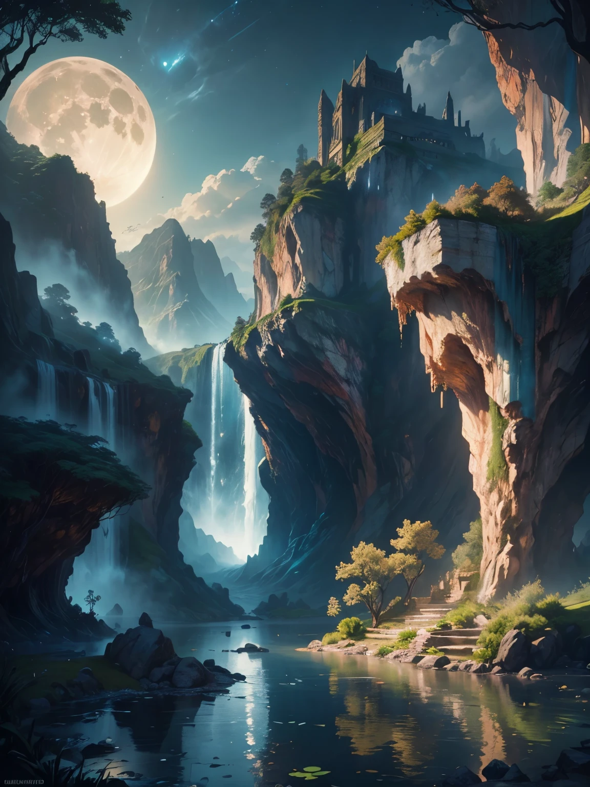 there is a large waterfall in the middle of a mountain, ancient city, epic matte painting of an island, the lost city of atlantis, an aztec city in a island lake, ancient city landscape, lost city of atlantis, marc simonetti. intricate, beautiful concept art, stunning concept art, highly realistic concept art, art style of marc simonetti, (((masterpiece))), best quality, high quality, extremely detailed CG unity 8k wallpaper, scenery, outdoors, sky, cloud, no people, mountain, landscape, water, tree, blue sky, waterfall, cliff, nature, lake, river, cloudy sky,award winning photography, Bokeh, Depth of Field, HDR, bloom, Chromatic Aberration ,Photorealistic,extremely detailed, trending on artstation, trending on CGsociety, Intricate, High Detail, dramatic, art by midjourney, tall waterfall, painting of a river with rocks and trees in the foreground, near a river, landscape, jungle, waterfall, crystal clear water, night light,((full moon)), colorful, river with rocks, rock bridge, epic, fantasy, ((roses and flowers on the banks of the pond)), ((oil painting)), moon landscape reflected in river, ((rock bridge))